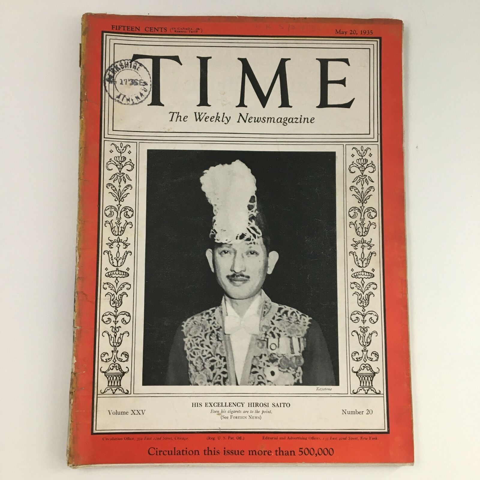 Time Magazine May 20 1935 Vol 25 #20 Japan Ambassador to U.S. Hiroshi Saito