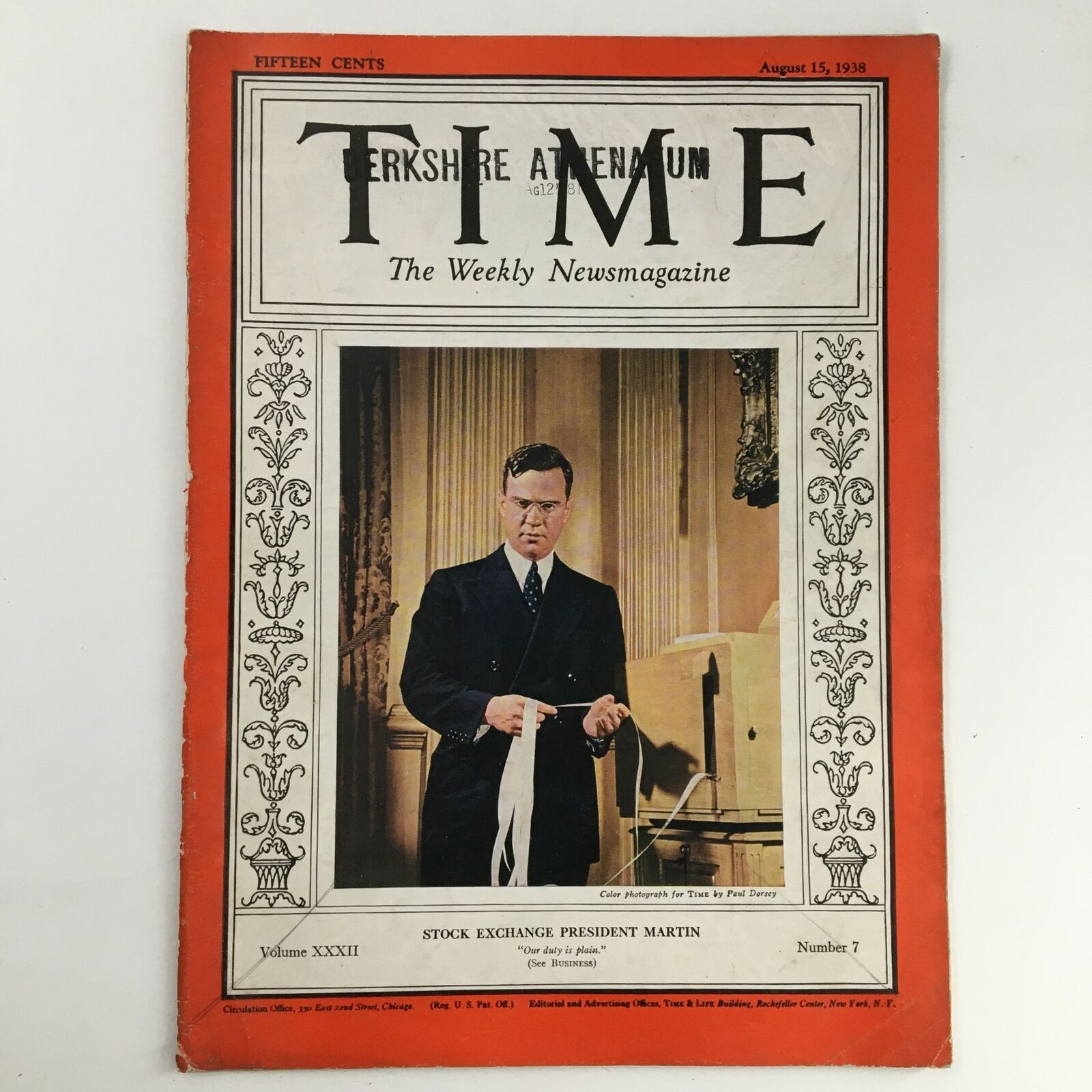 Time Magazine August 15 1938 Vol 32 #7 Stock Exchange President Bill Martin