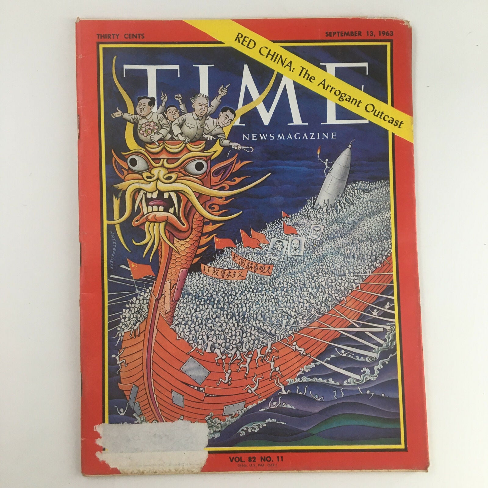 Cover of Time Magazine from September 13, 1963, Volume 82, Number 11 titled 'The Arrogant Outcast Red China', featuring a striking illustration of a dragon ship amidst a crowd with political banners and notable figures.
