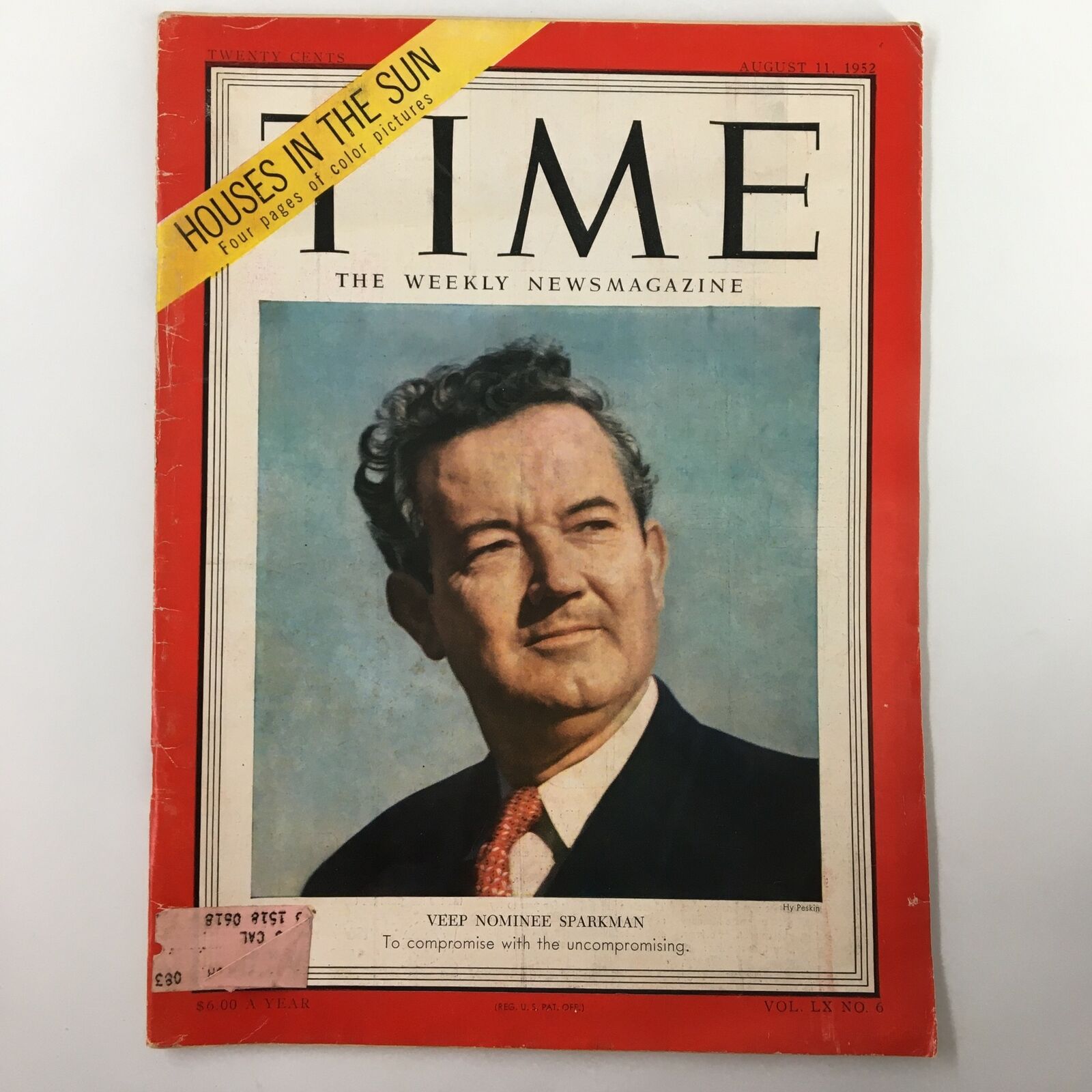 VTG Time Magazine August 11 1952 Vol. 60 No. 6 Veep Nominee Sparkman