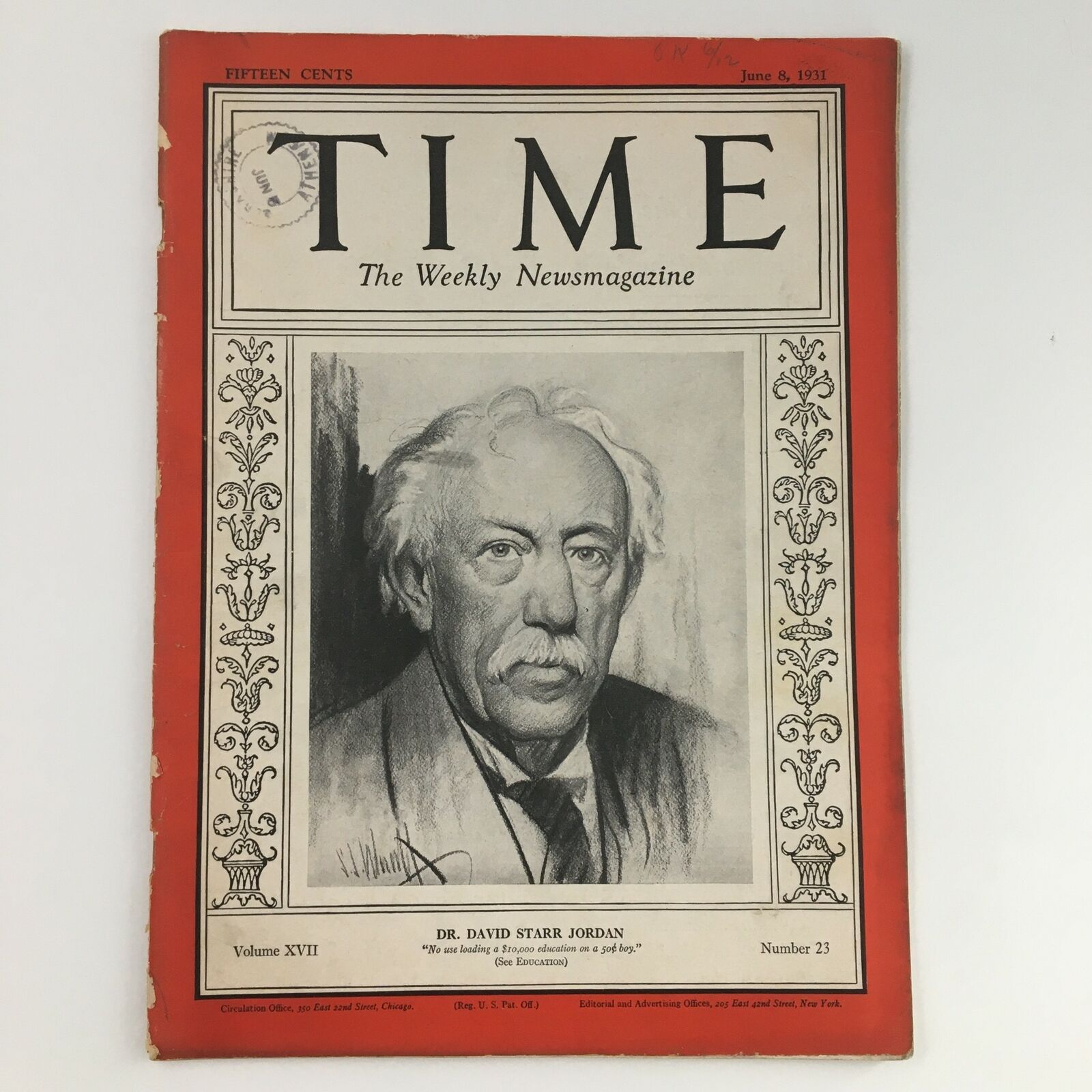 Time Magazine June 8 1931 Vol 17 #23 Ichthyologist Dr. David Starr Jordan