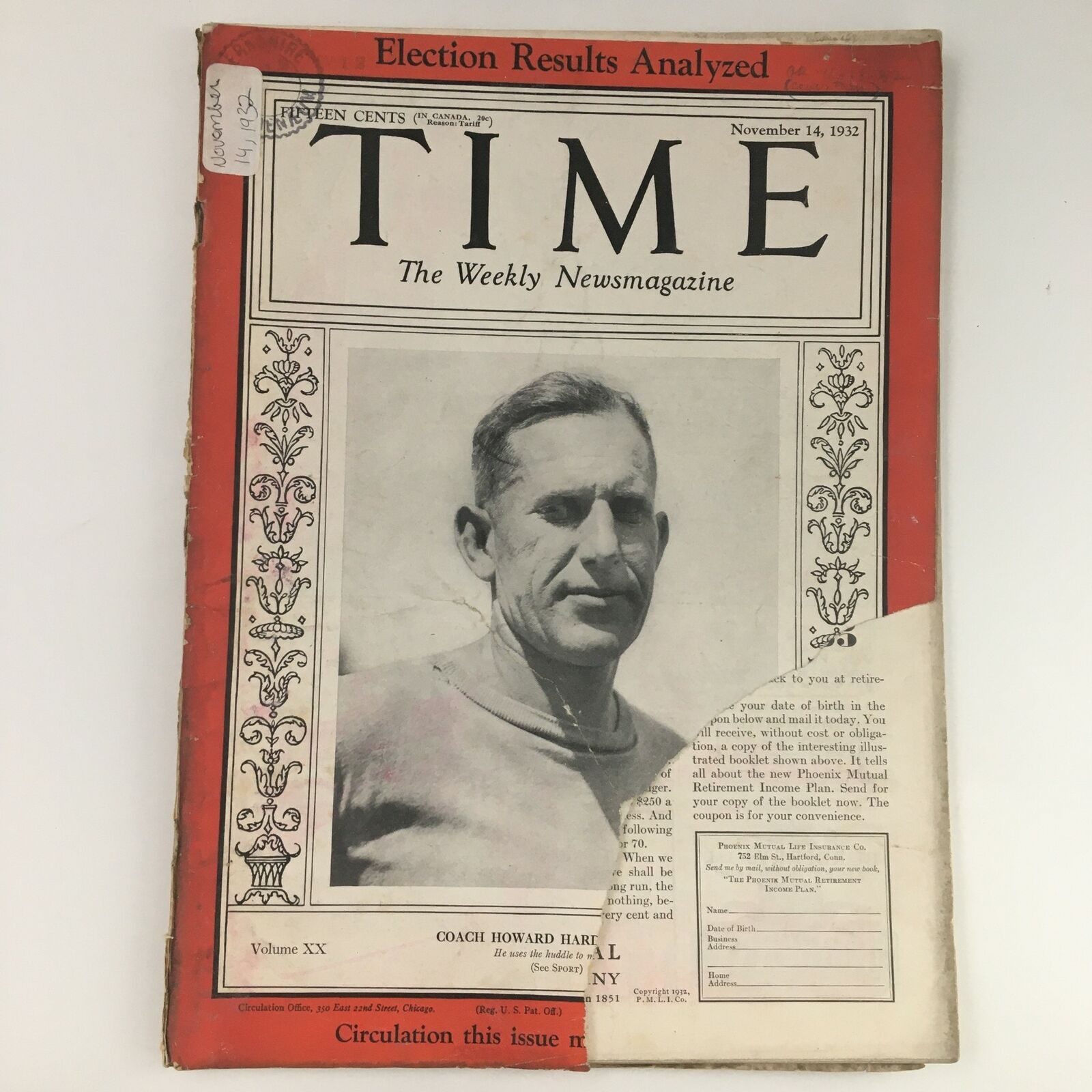 Time Magazine November 14 1932 Vol 20 #20 American Football Coach Howard H Jones