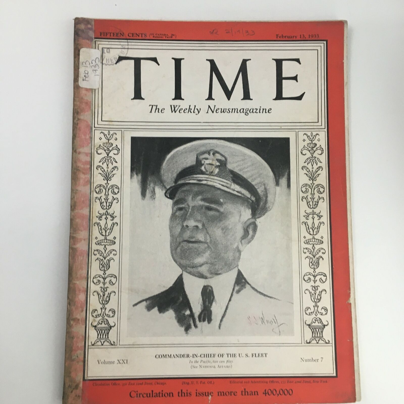 Time Magazine February 13 1933 Vol 21 #7 Admiral Richard Henry Leigh