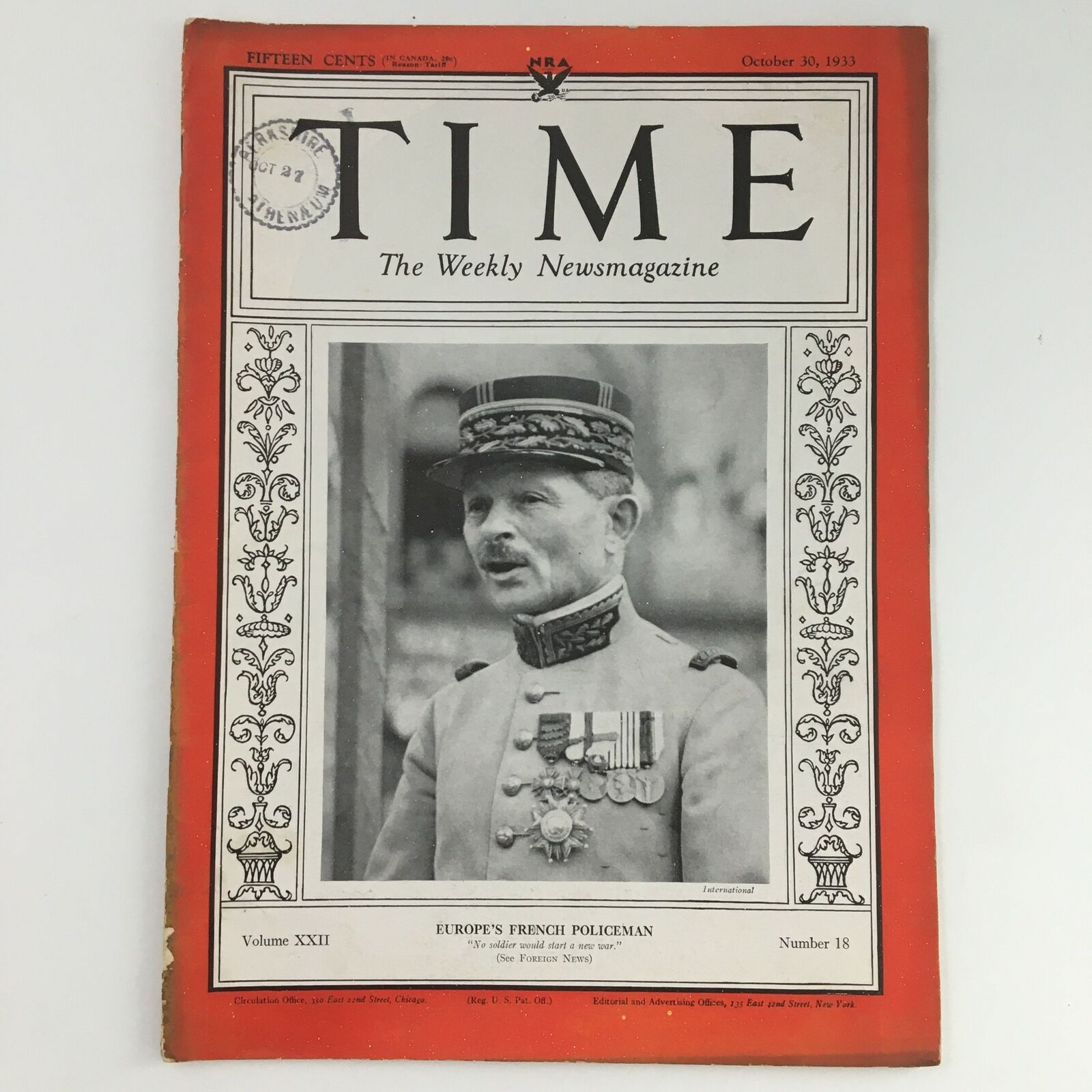 Time Magazine October 30 1933 Vol 22 #18 French Commander Maxime Weygand