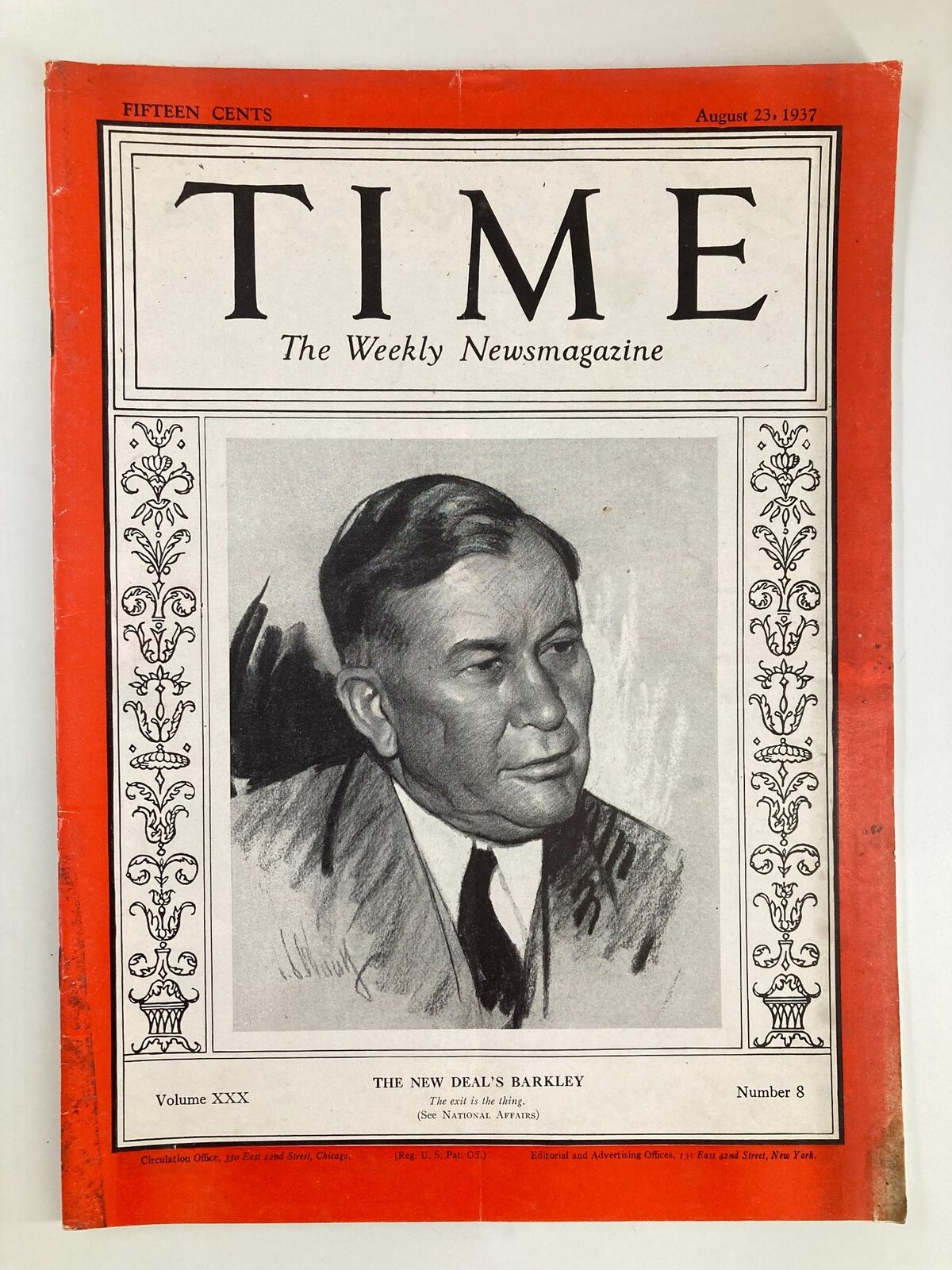 VTG Time Magazine August 23 1937 Vol. 30 No. 8 The New Deal's Barkley No Label