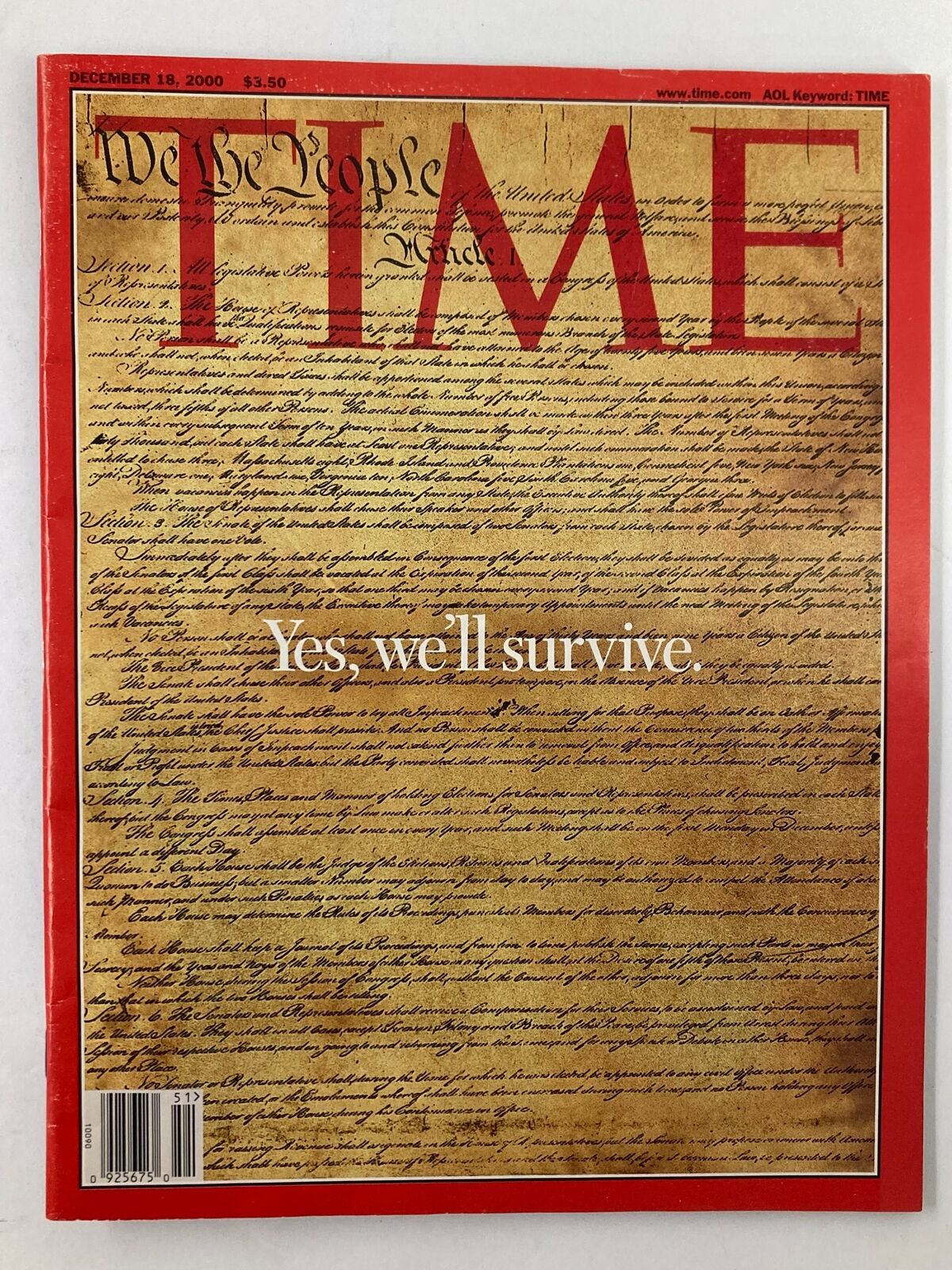 Time Magazine December 18 2000 Yes, We'll Survive We The People VG No Label