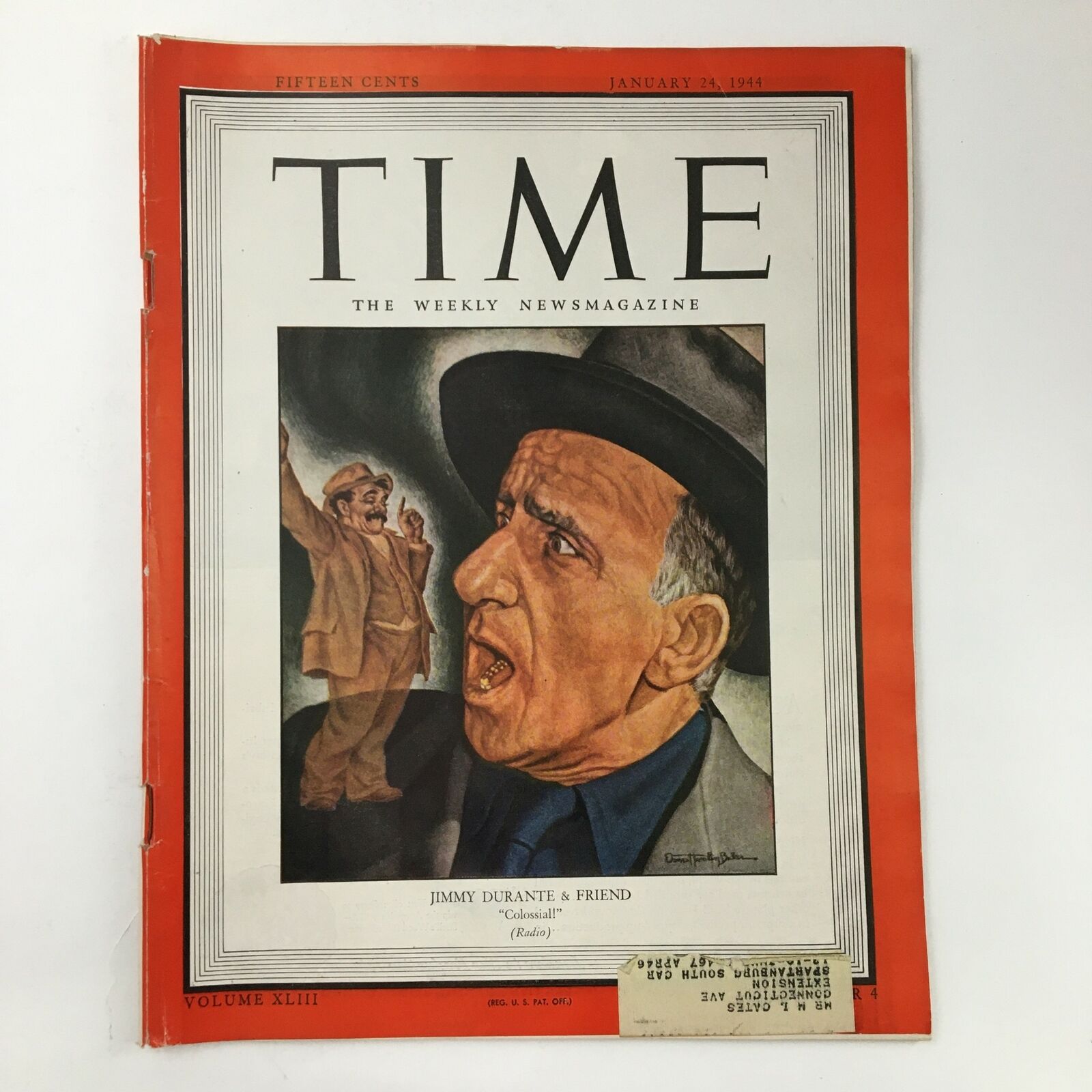 Time Magazine January 24 1944 Vol. 43 No. 4 Jimmy Durante and Friend Colossial