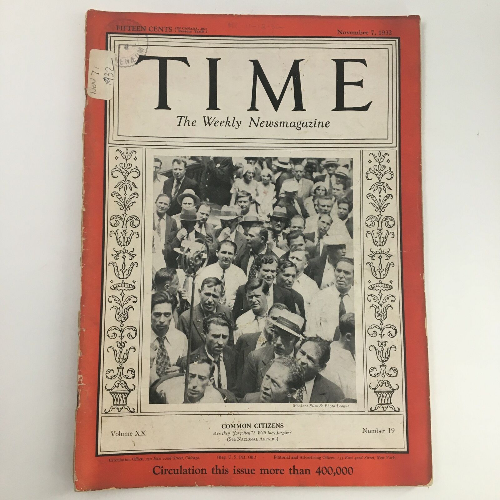 Time Magazine November 7 1932 Vol 20 #19 Common Workers Film & Photo League