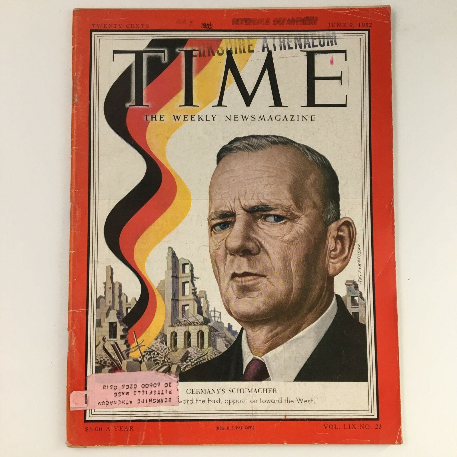 Time Magazine June 9 1952 Vol 59 #23 German Politician Kurt Schumacher