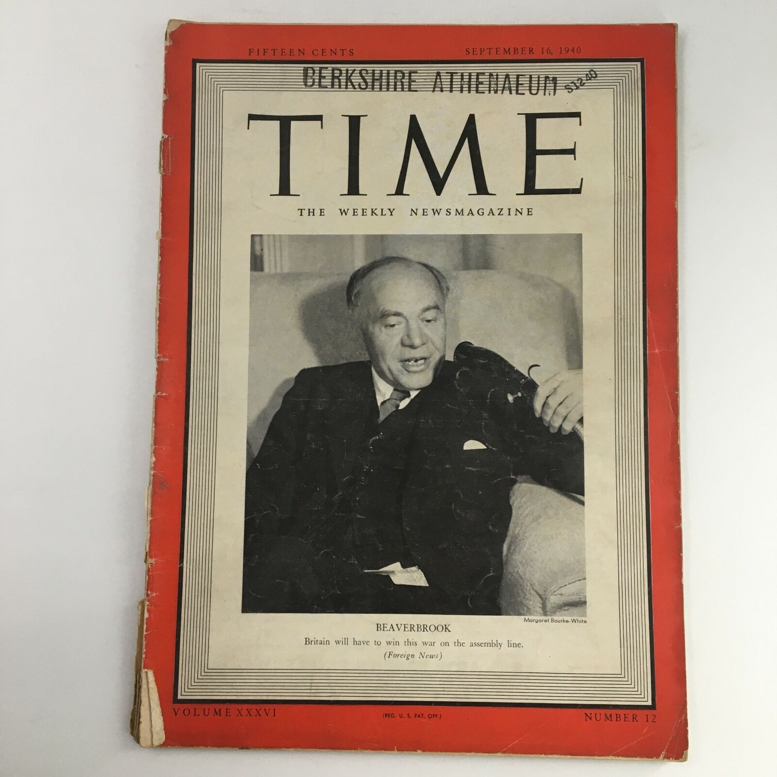 Time Magazine September 16 1940 Vol 36 #12 Max Aitken, 1st Baron Beaverbrook