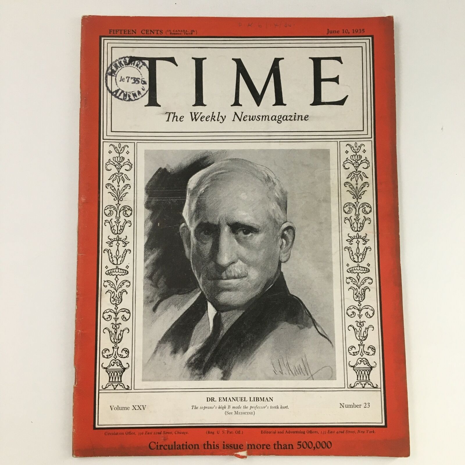 Time Magazine June 10 1935 Vol 25 #23 Dr. Emmanuel Libman Feature