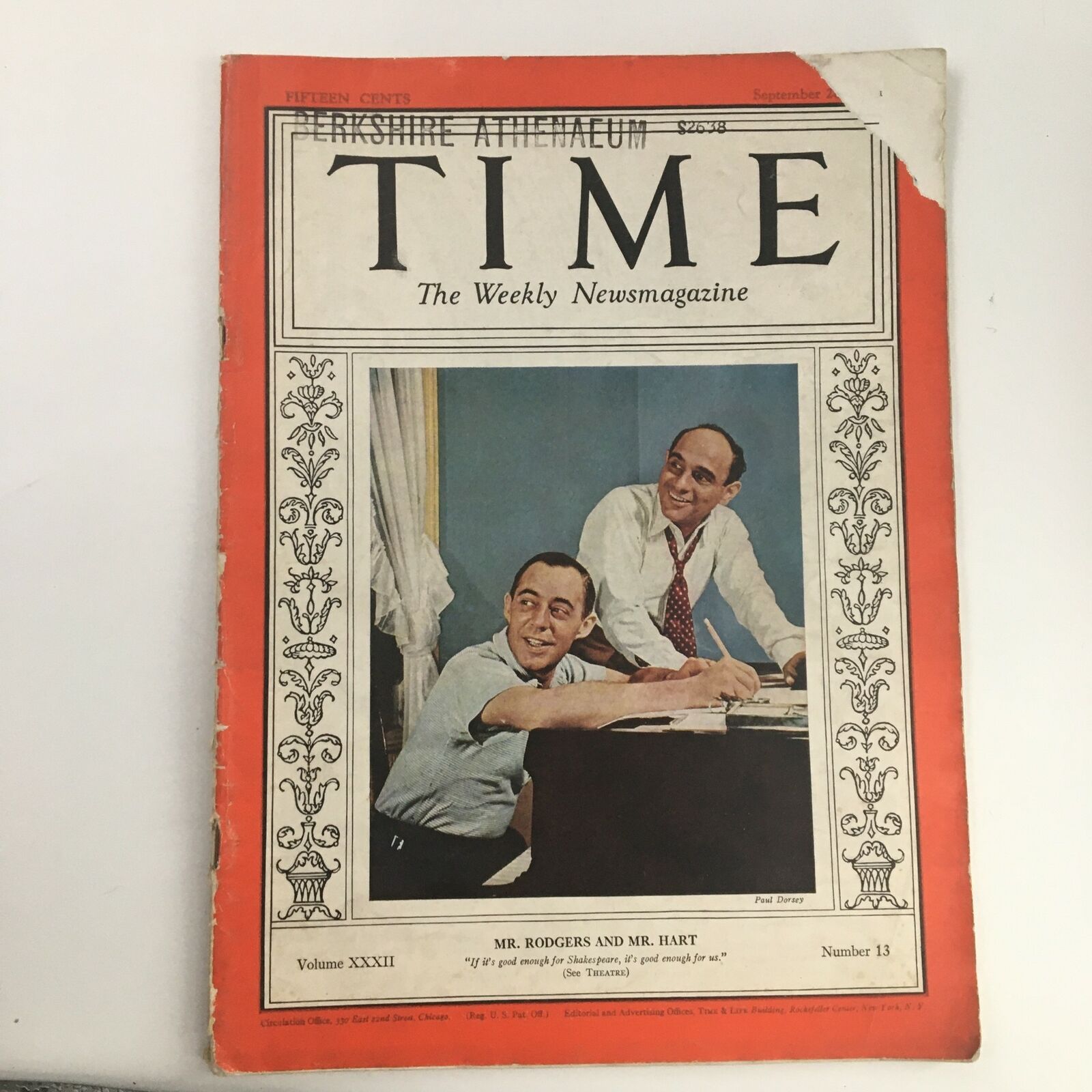 Time Magazine September 26 1938 Vol 32 #13 Mr. Richard Rogers & Mr. Lorenz Hart