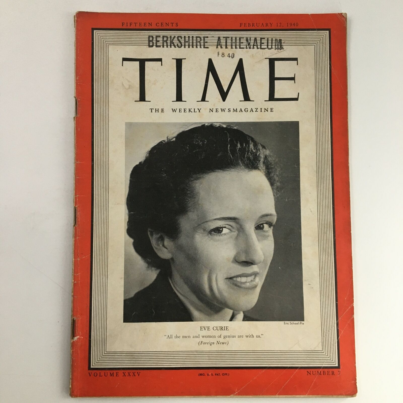 Time Magazine February 12 1940 American-French Writer Ève Curie No Label