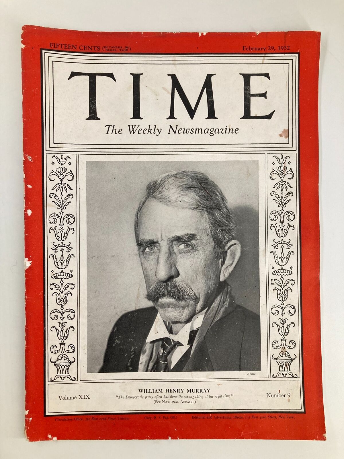 VTG Time Magazine February 29 1932 Vol 19 No. 9 William Henry Murray