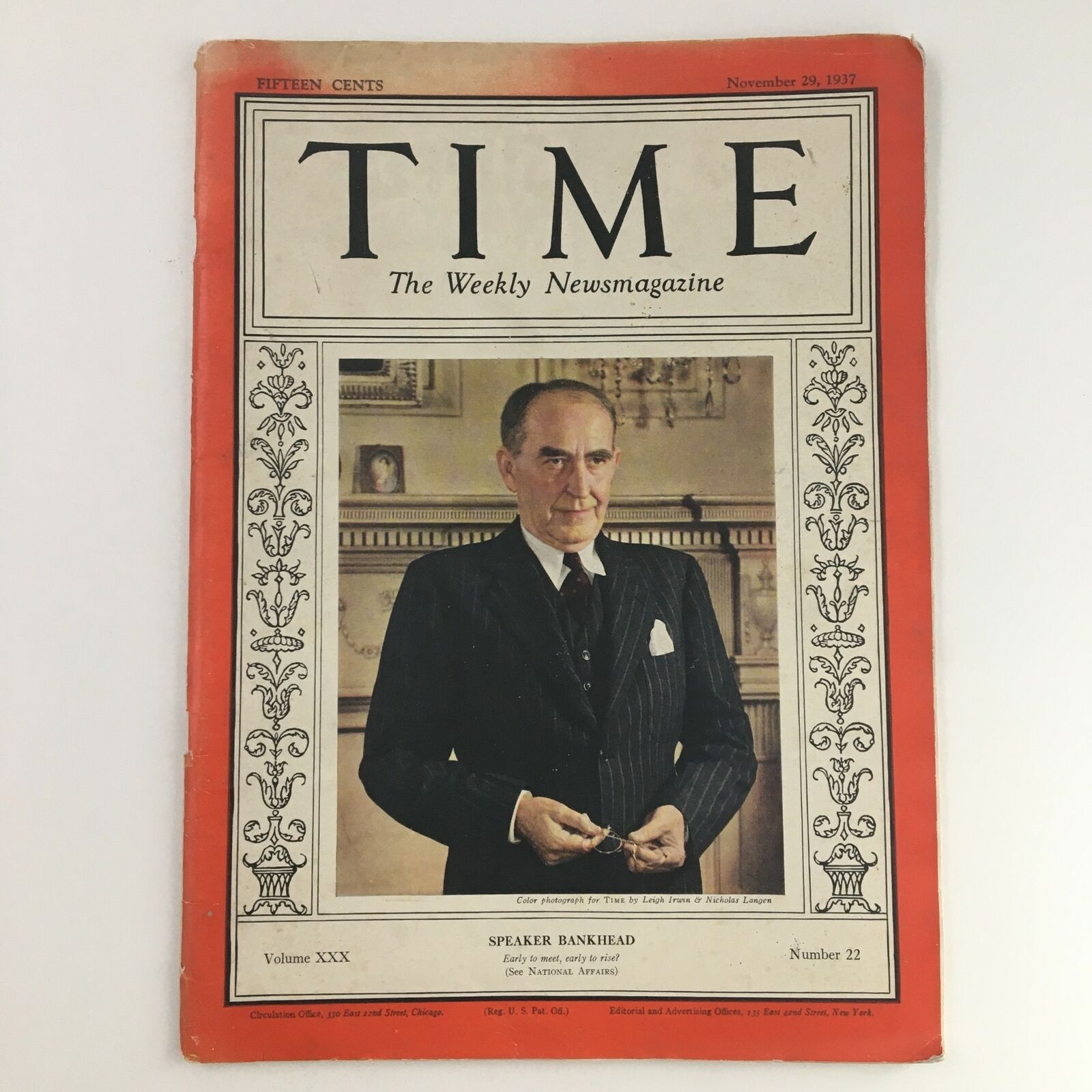 Time Magazine November 29 1937 Vol XXX No. 22 Speaker William B. Bankhead