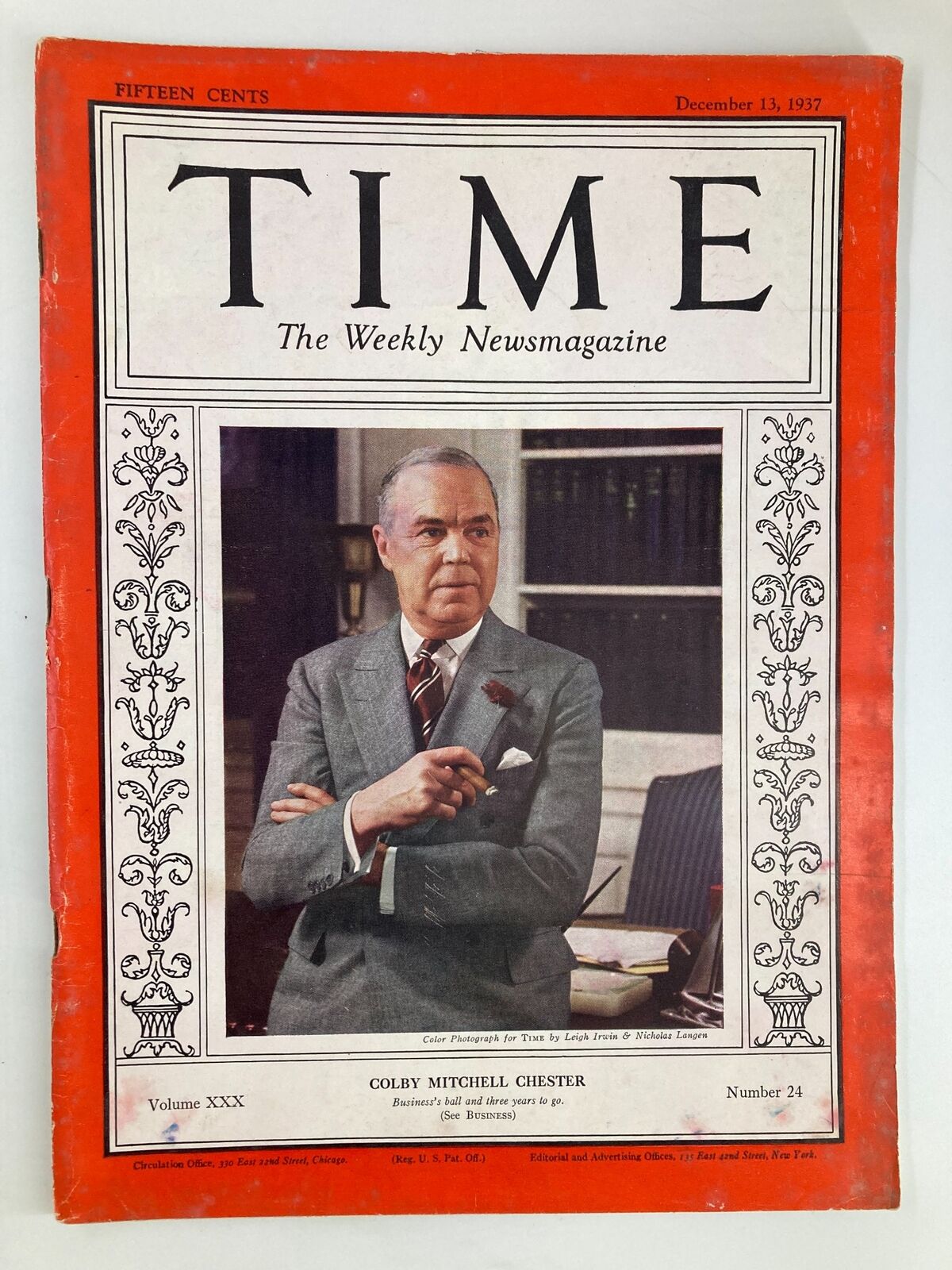 VTG Time Magazine December 13 1937 Vol 30 No. 24 Colby Mitchell Chester