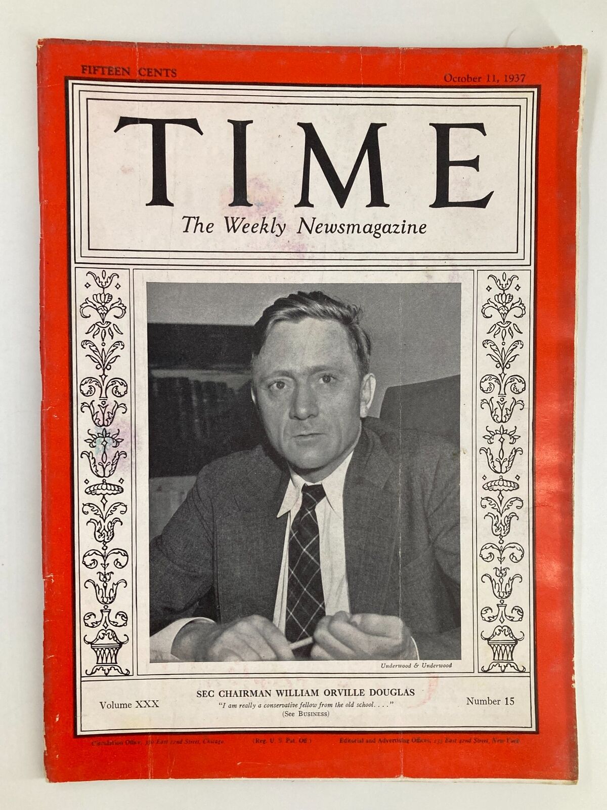 VTG Time Magazine October 11 1937 Vol 30 No. 15 William Orville Douglas