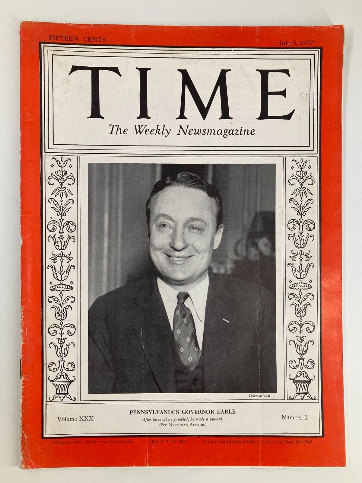 VTG Time Magazine July 5 1937 Vol 30 No. 1 Pennsylvannia's Gov. George Earle