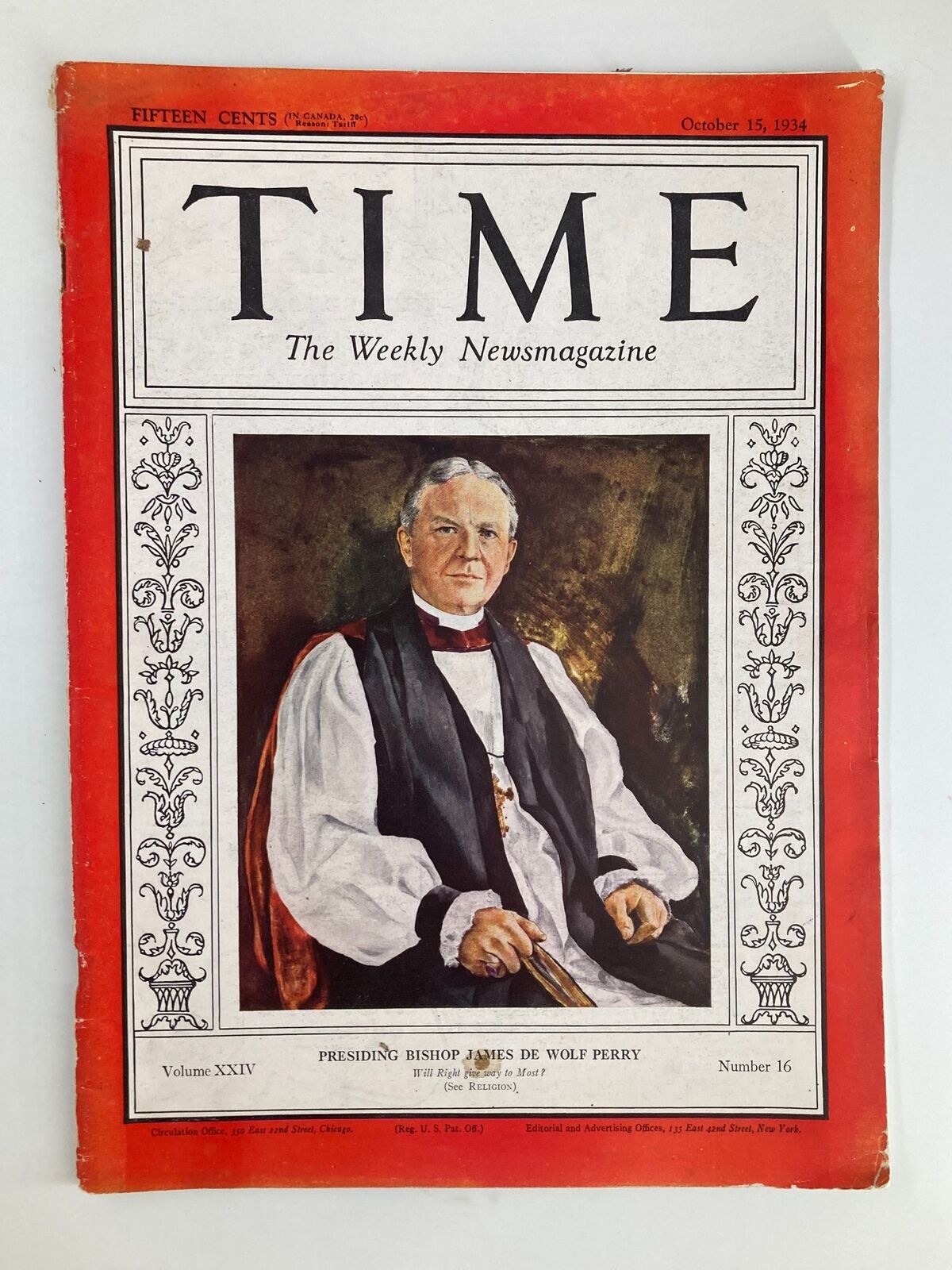 VTG Time Magazine October 15 1934 Vol 24 No. 16 Bishop James De Wolf Perry