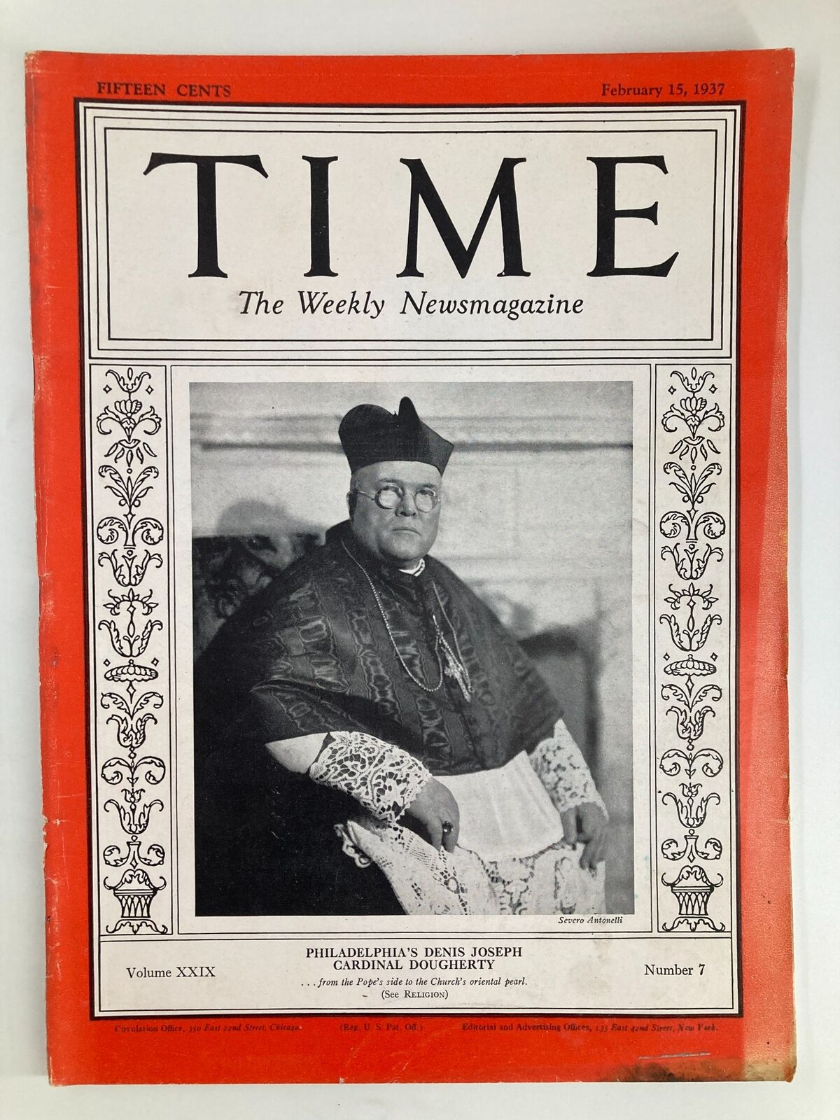 VTG Time Magazine February 15 1937 Vol 29 No. 7 Denis Joseph Cardinal Dougherty