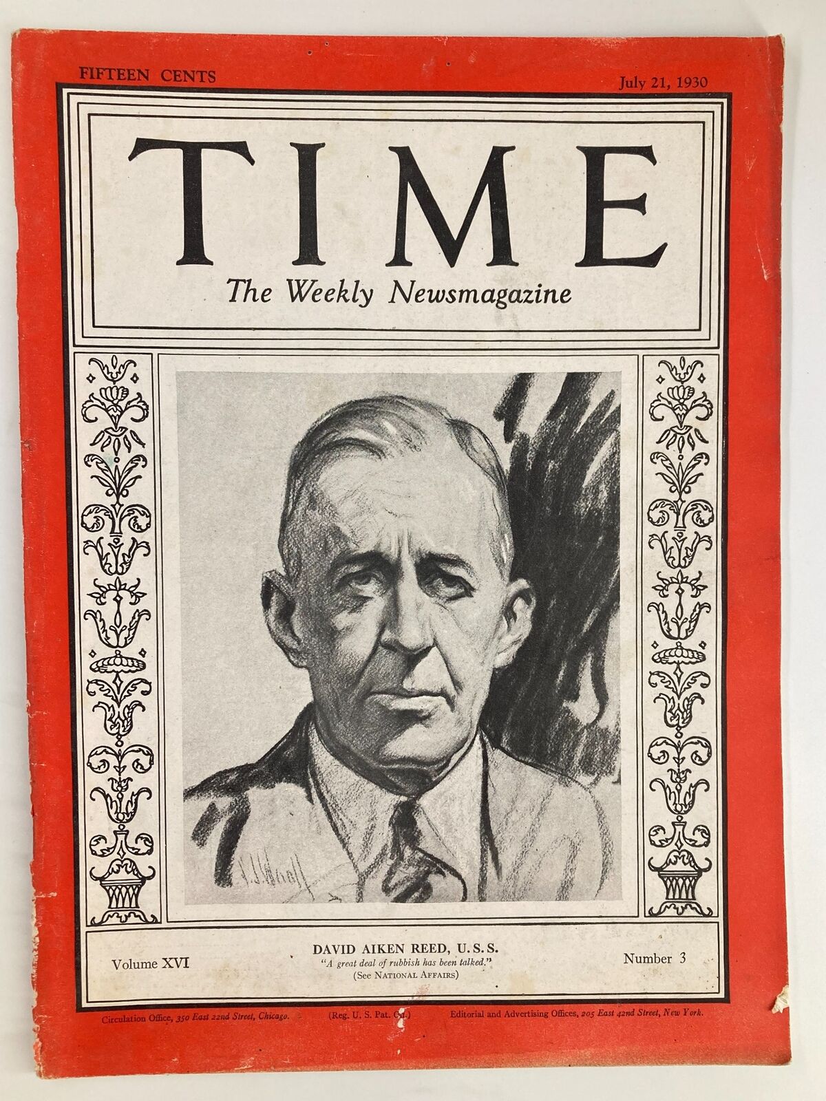 VTG Time Magazine July 21 1930 Vol 16 No. 3 David Aiken Reed U.S.S.