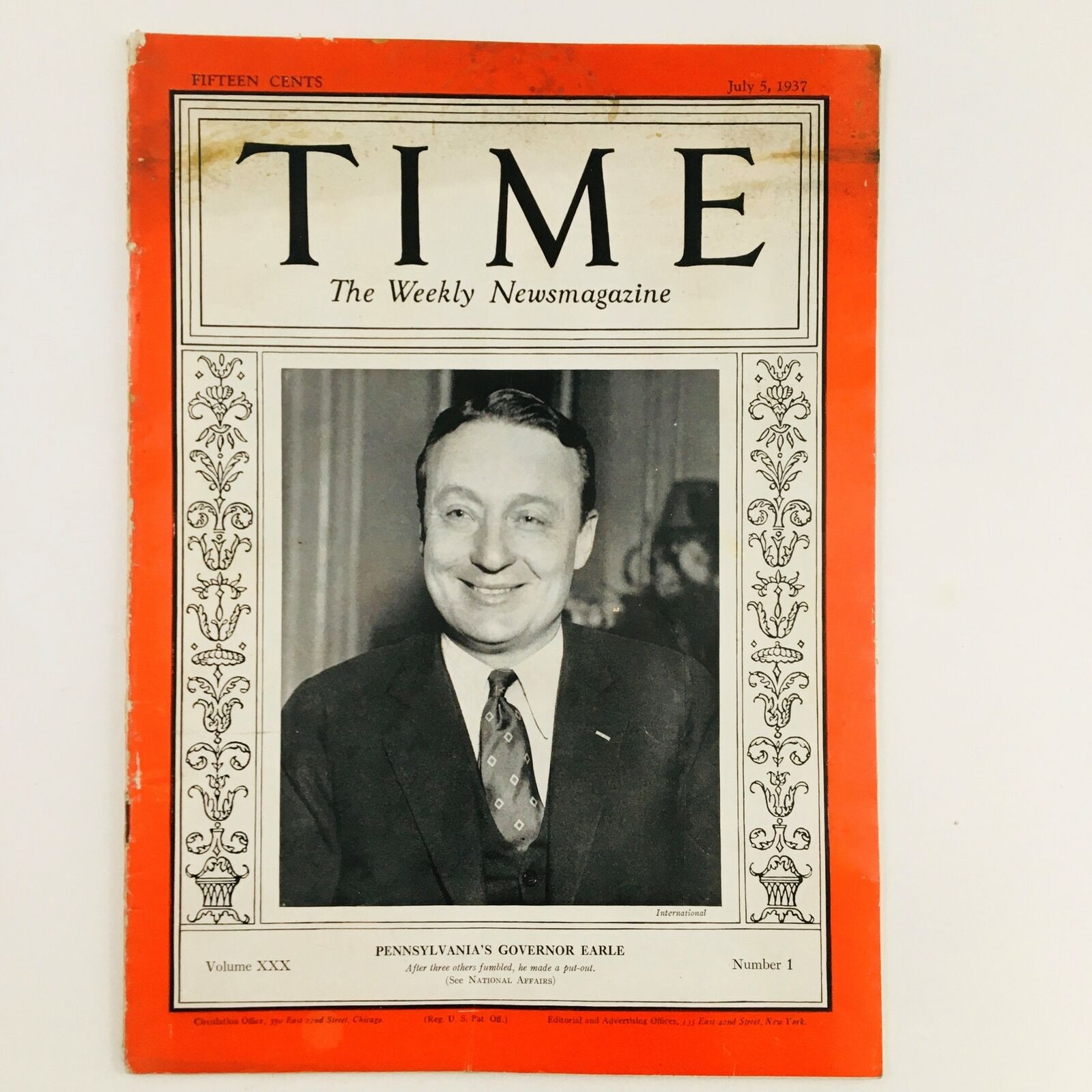 VTG Time Magazine July 5 1937 Vol. 30 No. 1 Pennsylvania Governor George Earle