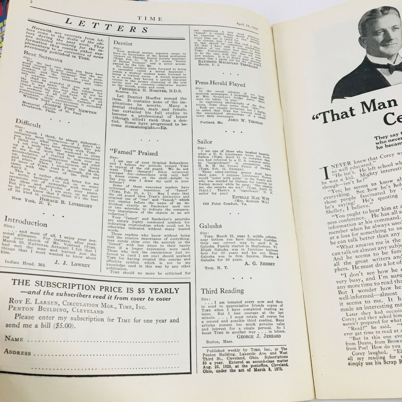 VTG Time Magazine April 19 1926 Vol VII No. 16 General Leonard Wood