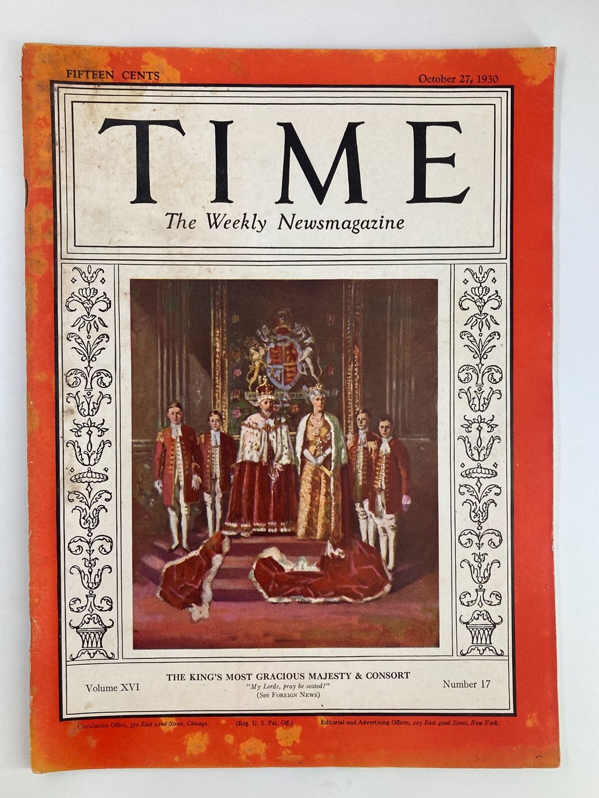 VTG Time Magazine October 27 1930 Vol 16 No. 17 King's Majesty & Consort