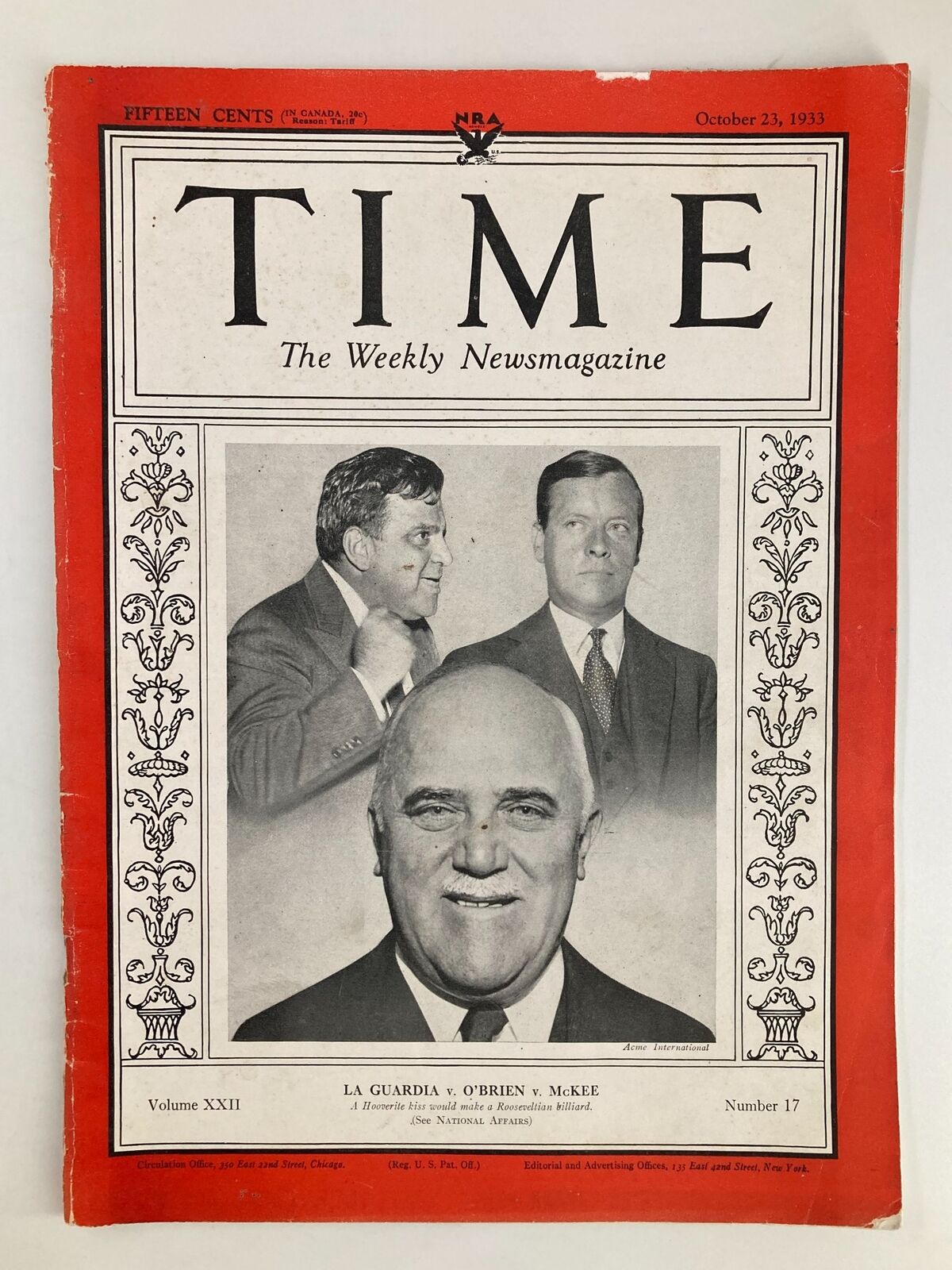 VTG Time Magazine October 23 1933 Vol 22 #17 La Guardia v. O'Brien v. McKee