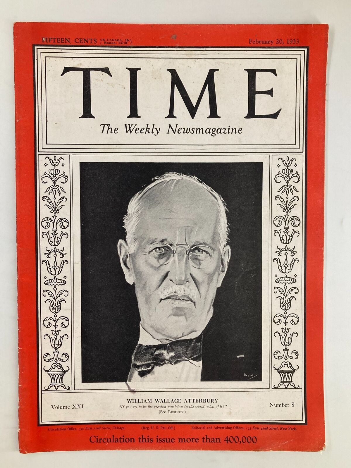 VTG Time Magazine February 20 1933 Vol 21 #8 William Wallace Atterbury