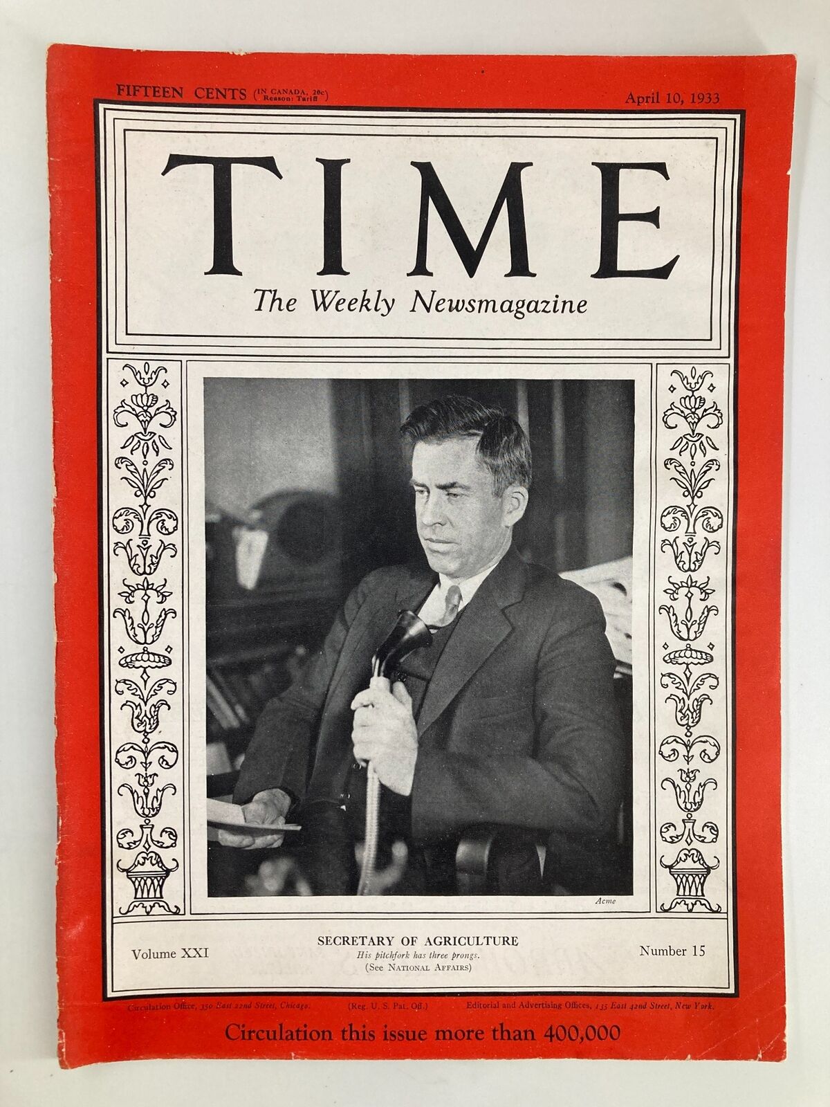 VTG Time Magazine April 10 1933 Vol 21 No. 15 Sec. of Agriculture Henry Wallace