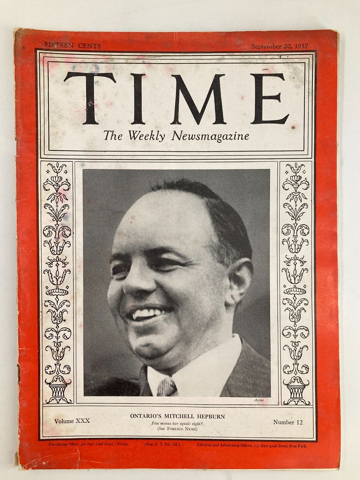 VTG Time Magazine September 20 1937 Vol 30 No. 12 Ontario's Mitchell Hepburn