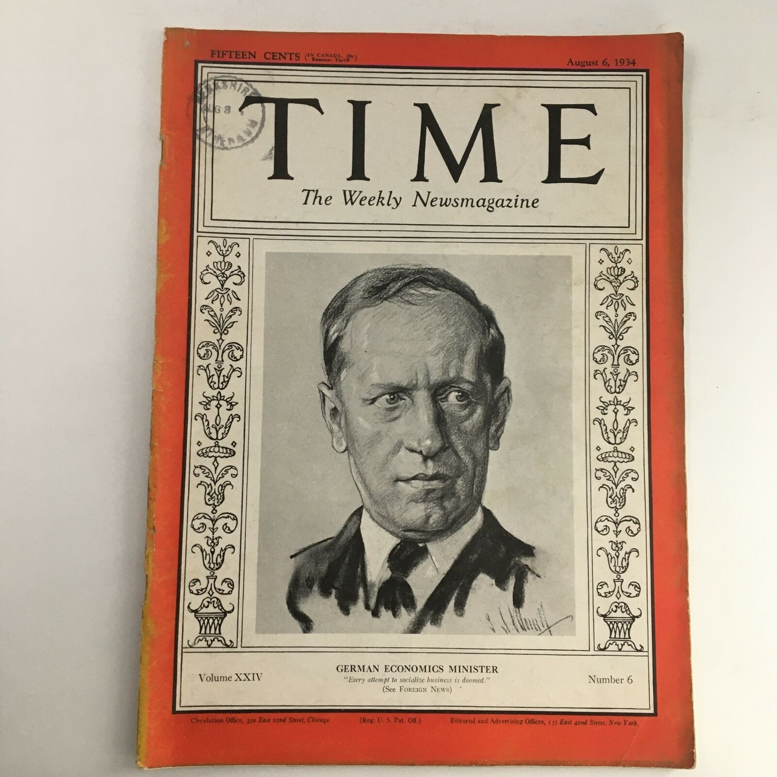 Time Magazine August 6 1934 Vol 24 #6 Economics Minister Hjalmar Schacht