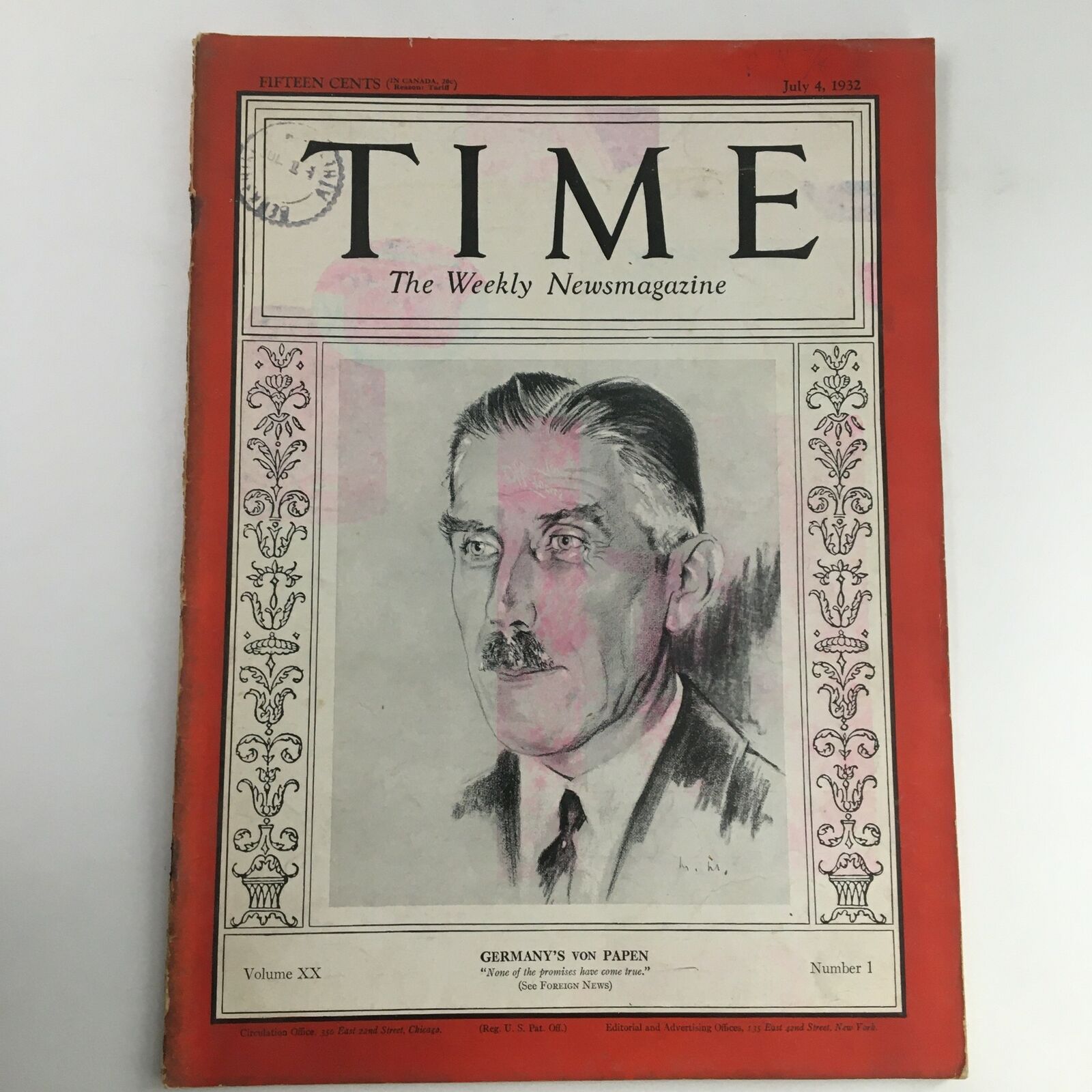 Time Magazine July 4 1932 Vol 20 #1 Chancellor of Germany Franz von Papen