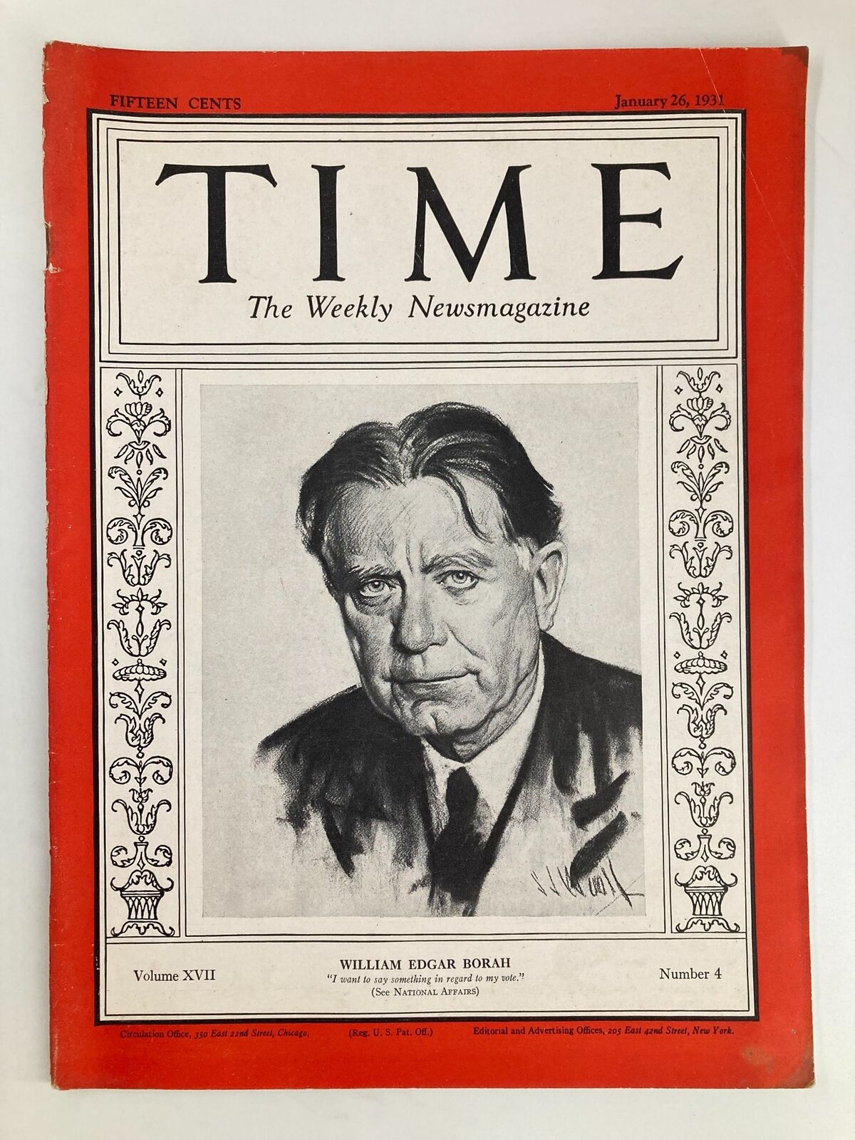 VTG Time Magazine January 26 1931 Vol 17 No. 4 William Edgar Borah