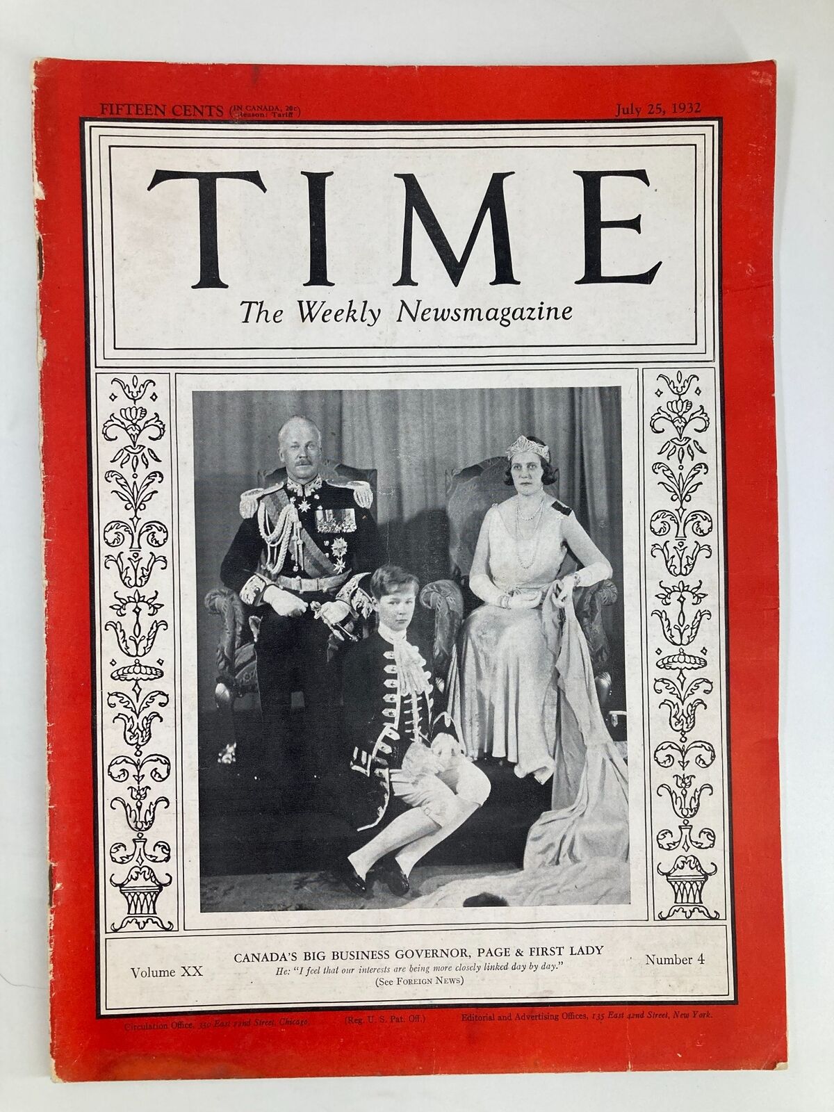 VTG Time Magazine July 25 1932 Vol 20 No. 4 Canada's Governor, Page & First Lady