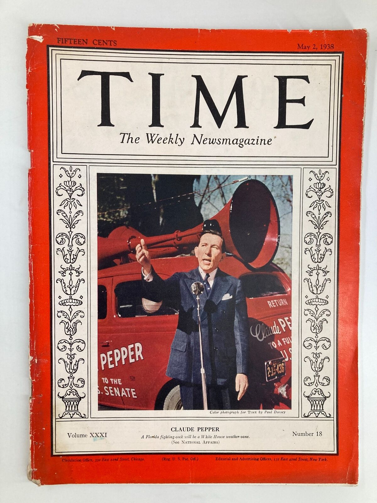 VTG Time Magazine May 2 1938 Vol 31 No. 18 Claude Pepper Florida Fighting Cock