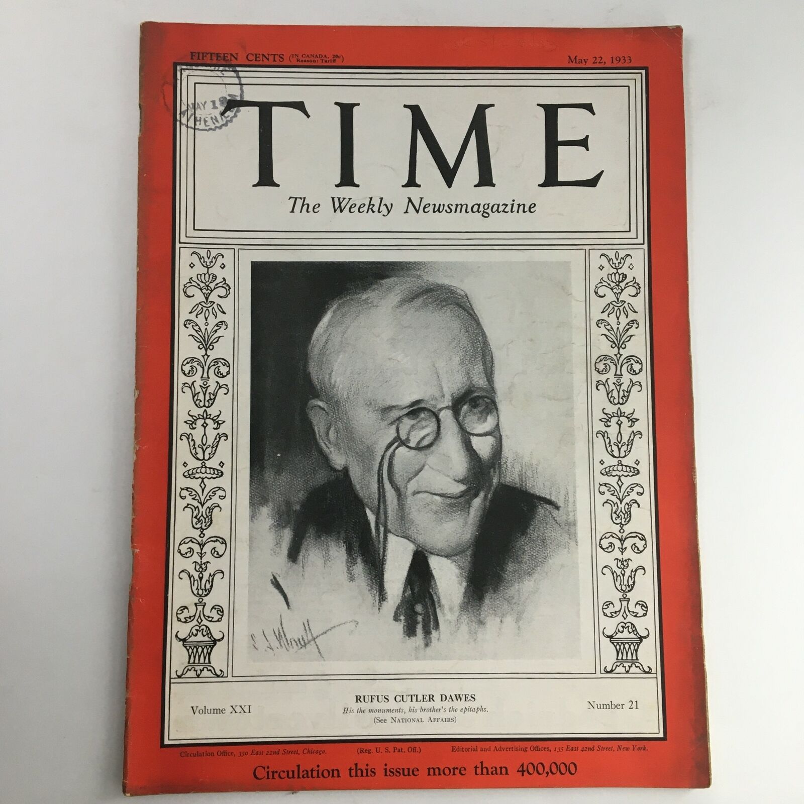 Time Magazine May 22 1933 Vol 21 #21 American Businessman Rufus Cutler Dawes