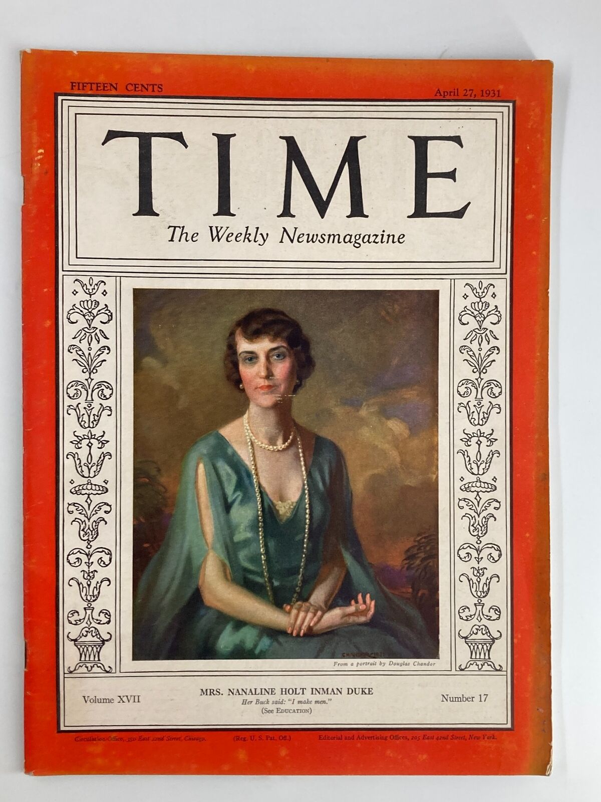 VTG Time Magazine April 27 1931 Vol 17 No. 17 Mrs. Nanaline Holt Inman Duke