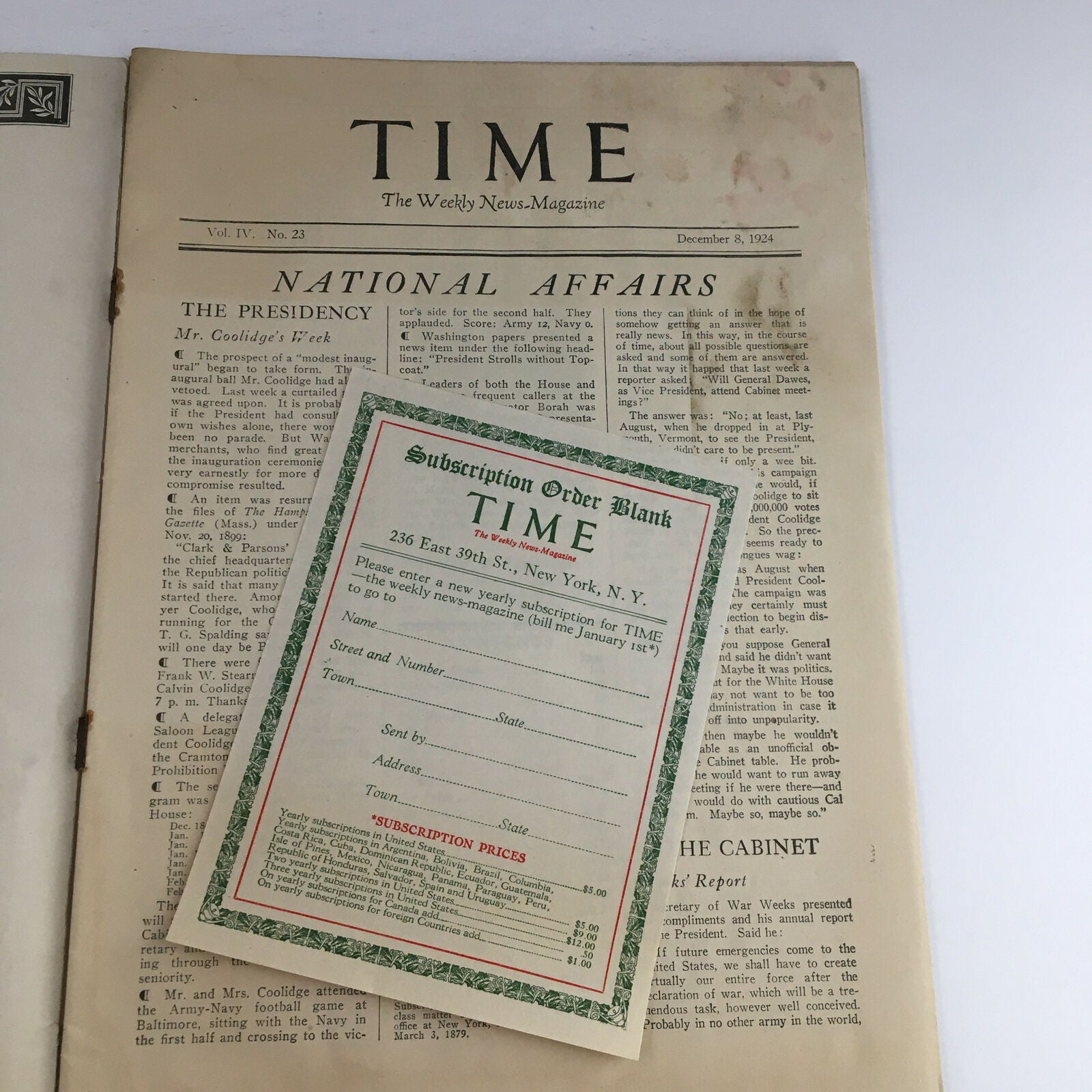 Time Magazine December 8 1924 Vol 4 #23 Pres. Álvaro Obregón Salido of Mexico