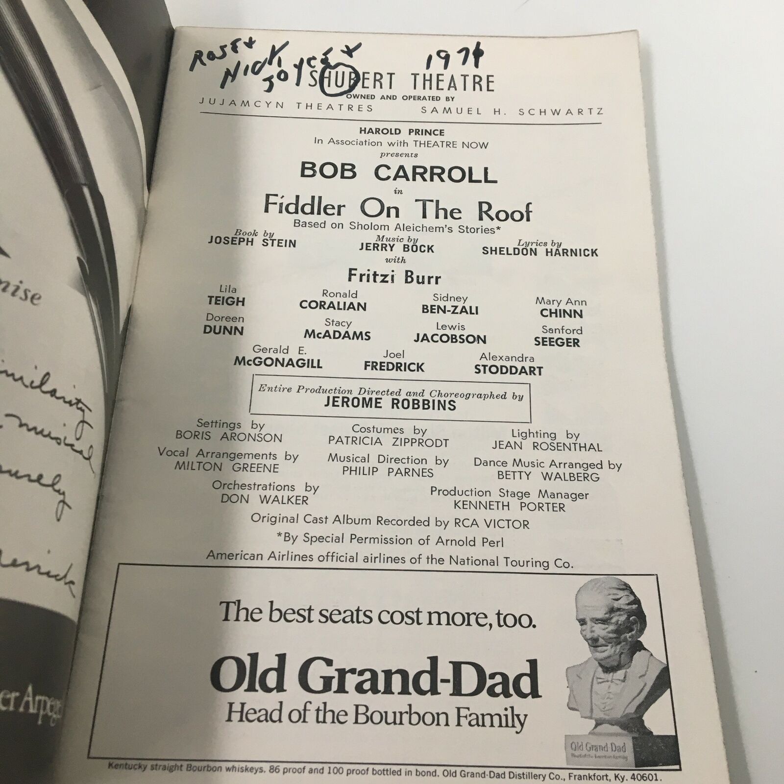 1970 Playbill Shubert Theatre Bob Carroll in Fiddler On The Roof Jerome Robbins