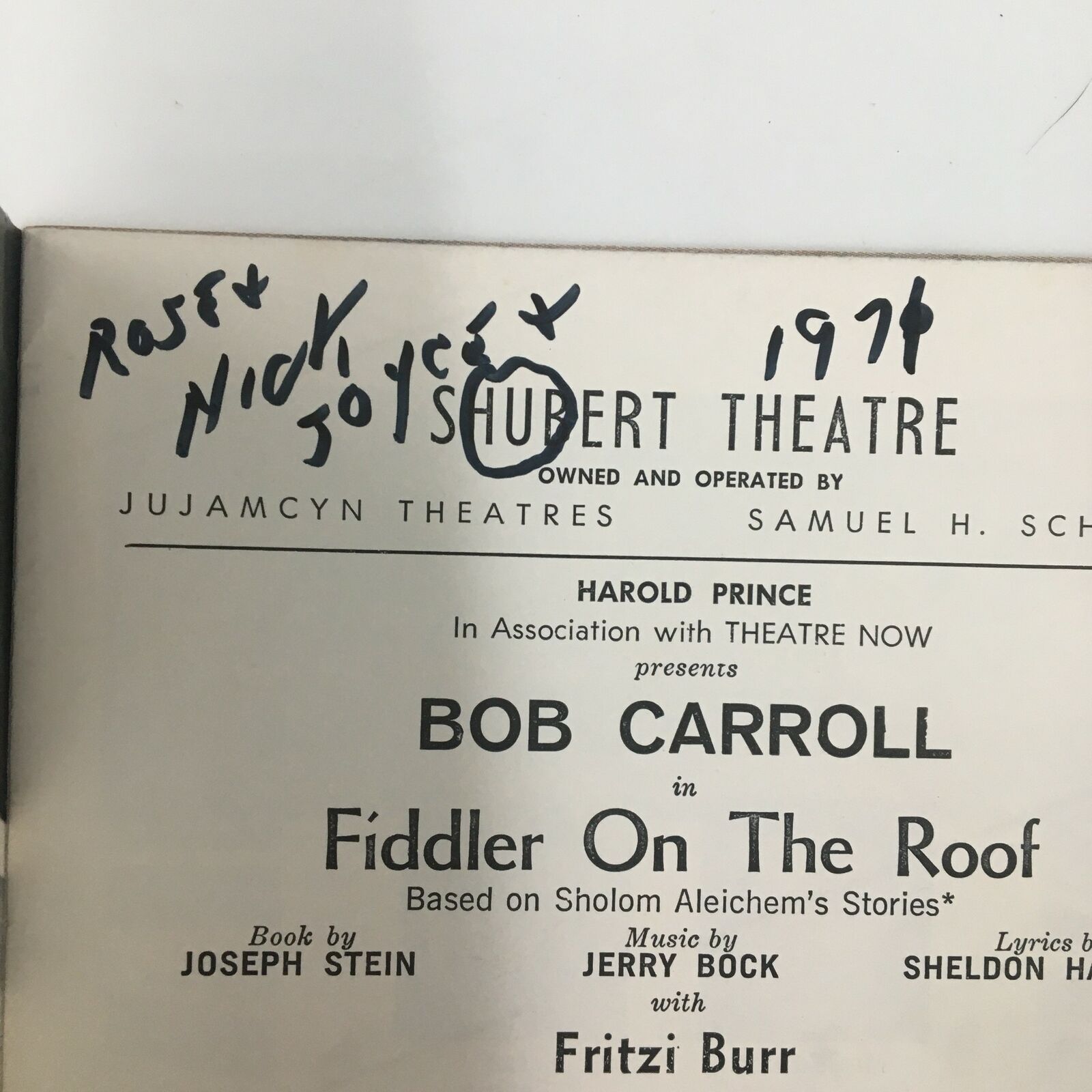 1970 Playbill Shubert Theatre Bob Carroll in Fiddler On The Roof Jerome Robbins