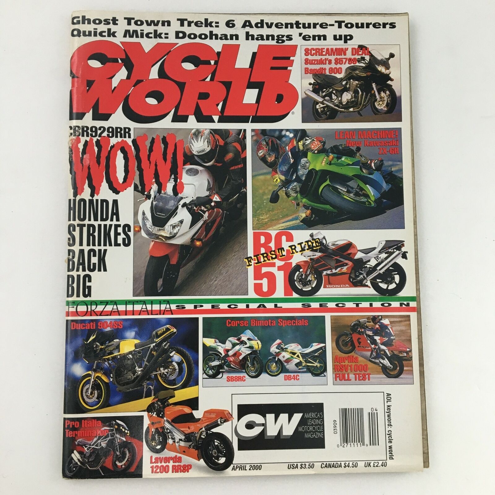 Cycle World Magazine April 2000 Honda CBR929RR & Kawasaki ZX-6R & Bandit 600