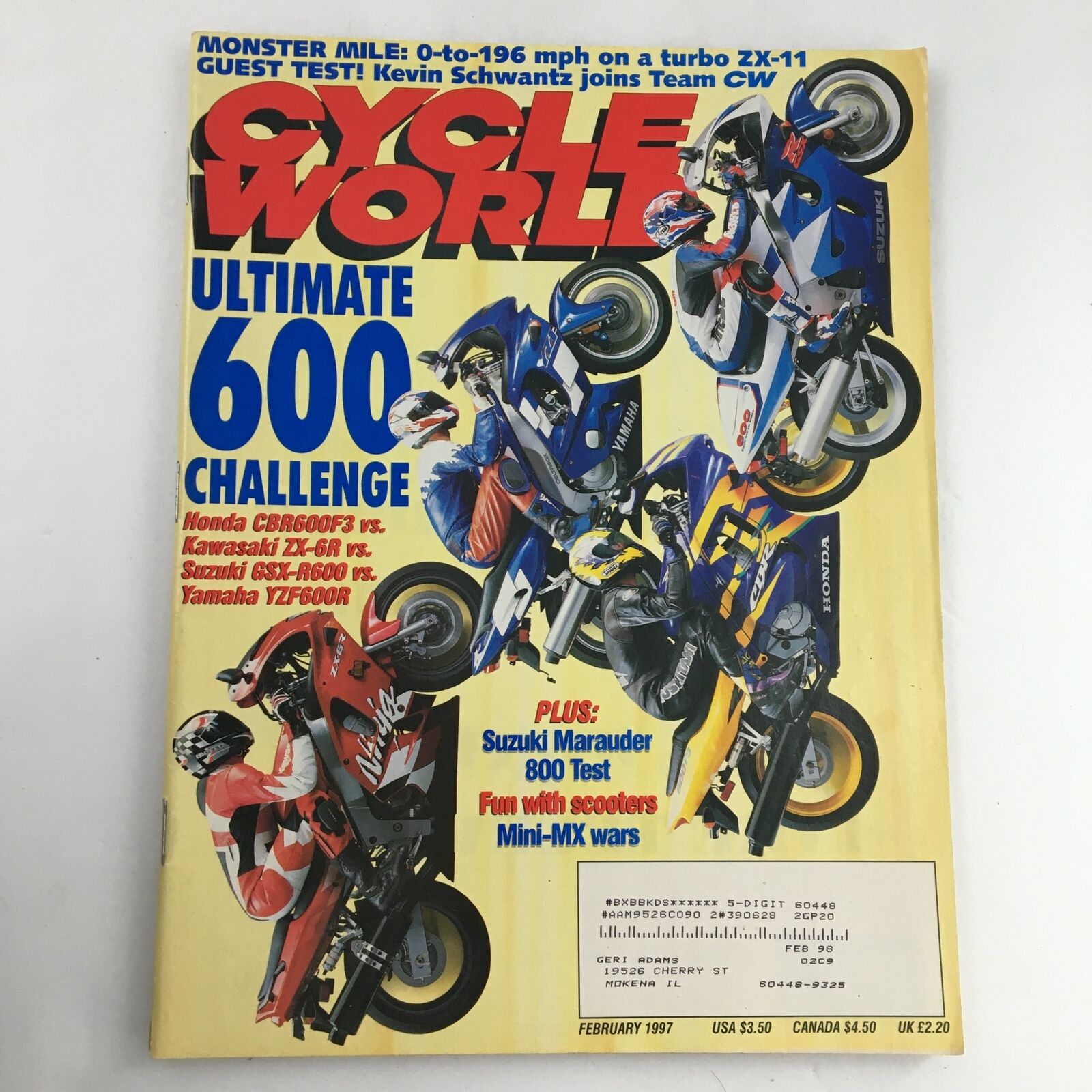 Cycle World Magazine February 1997 Kevin Schwantz & Suzuki Marauder 800 Test, VG