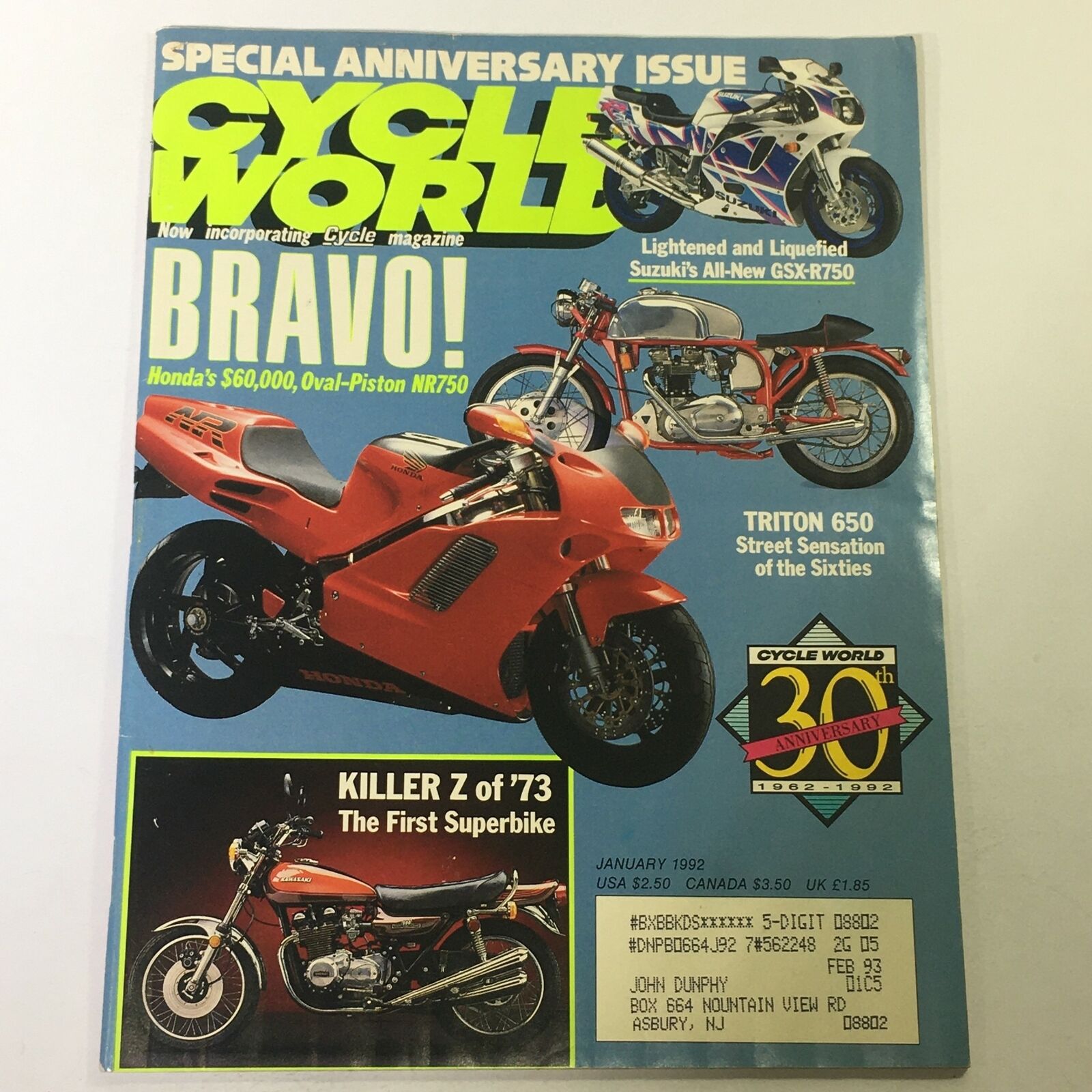 Cycle World Magazine January 1992 - Suzuki GSX-R750 /  Triton 650 / Piston NR750