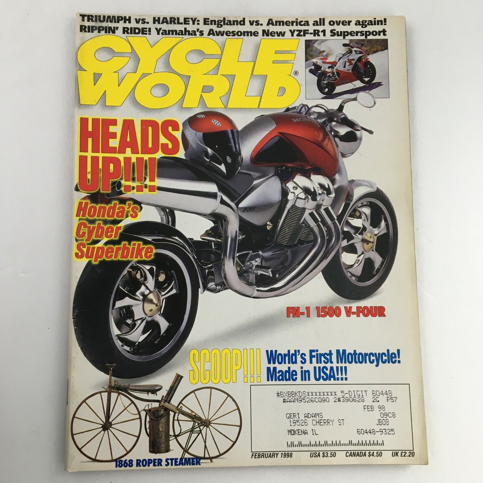 Cycle World Magazine February 1998 1868 Roper Steamer & FN-1 1500 V-Four, VG