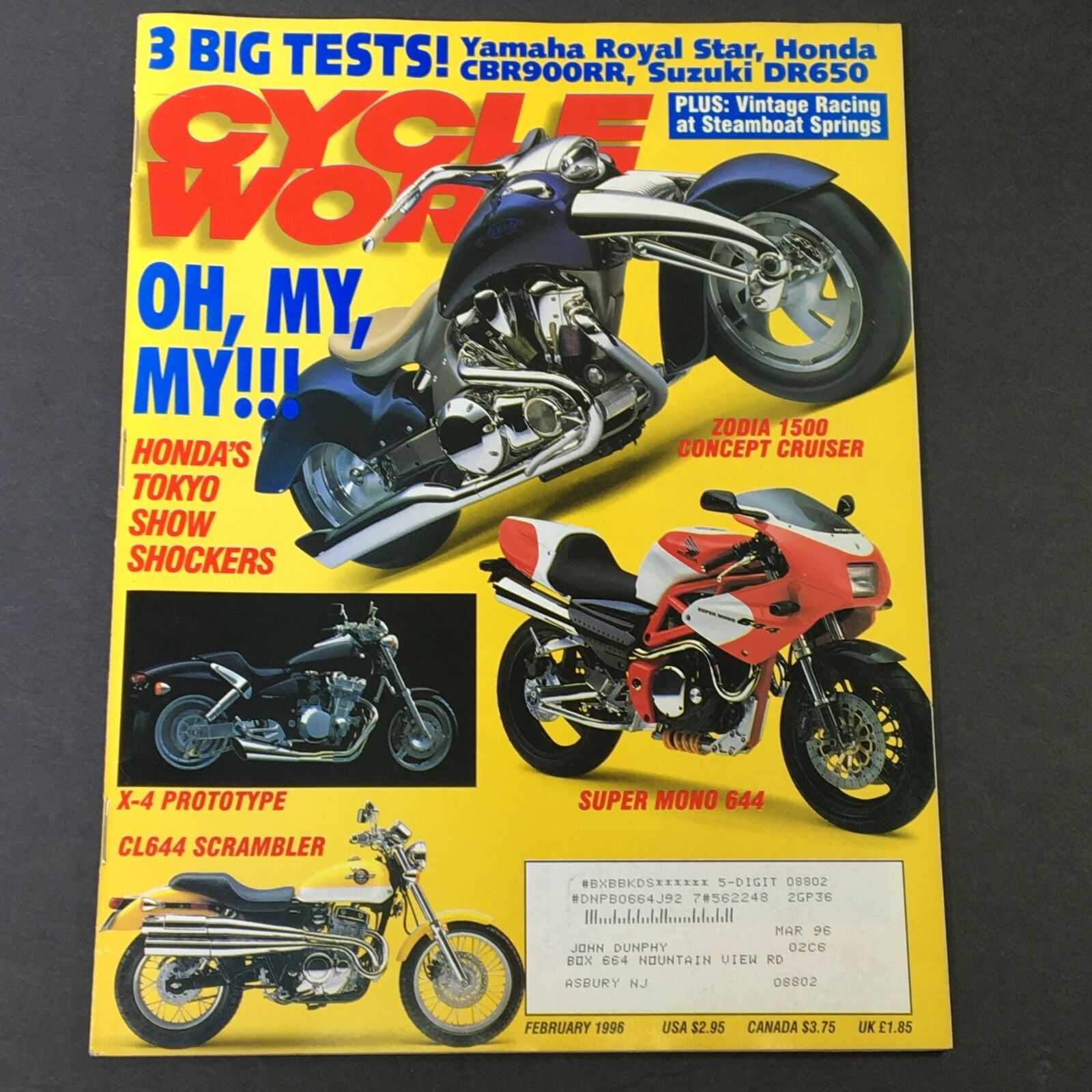 Cycle World Magazine February 1996 - Zodia 1500 / Suzuki DR650 / Honda CBR900RR