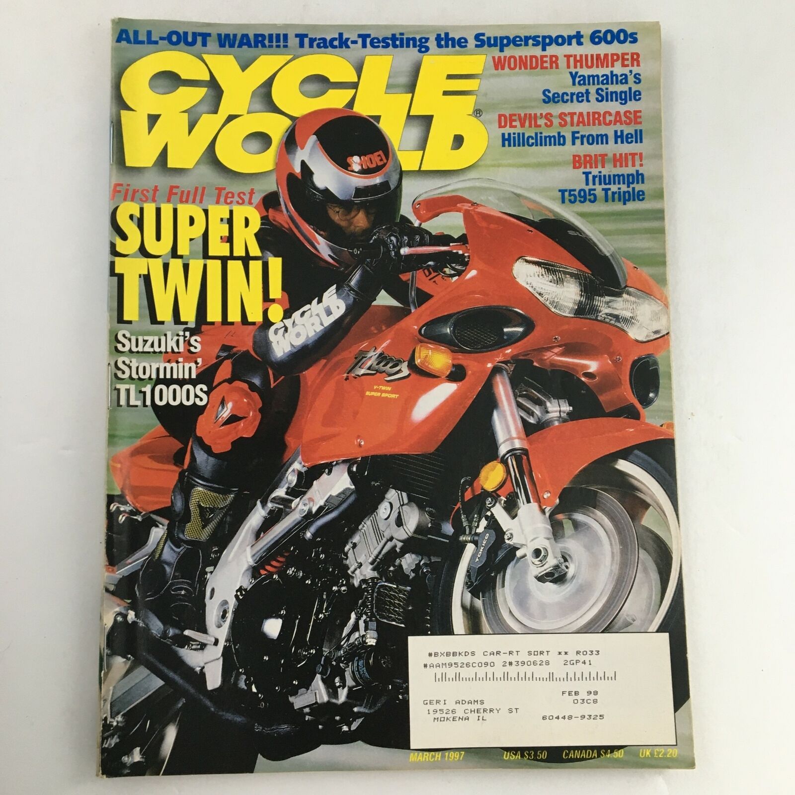 Cycle World Magazine March 1997 Suzuki TL1000S & Supersport 600s, VG