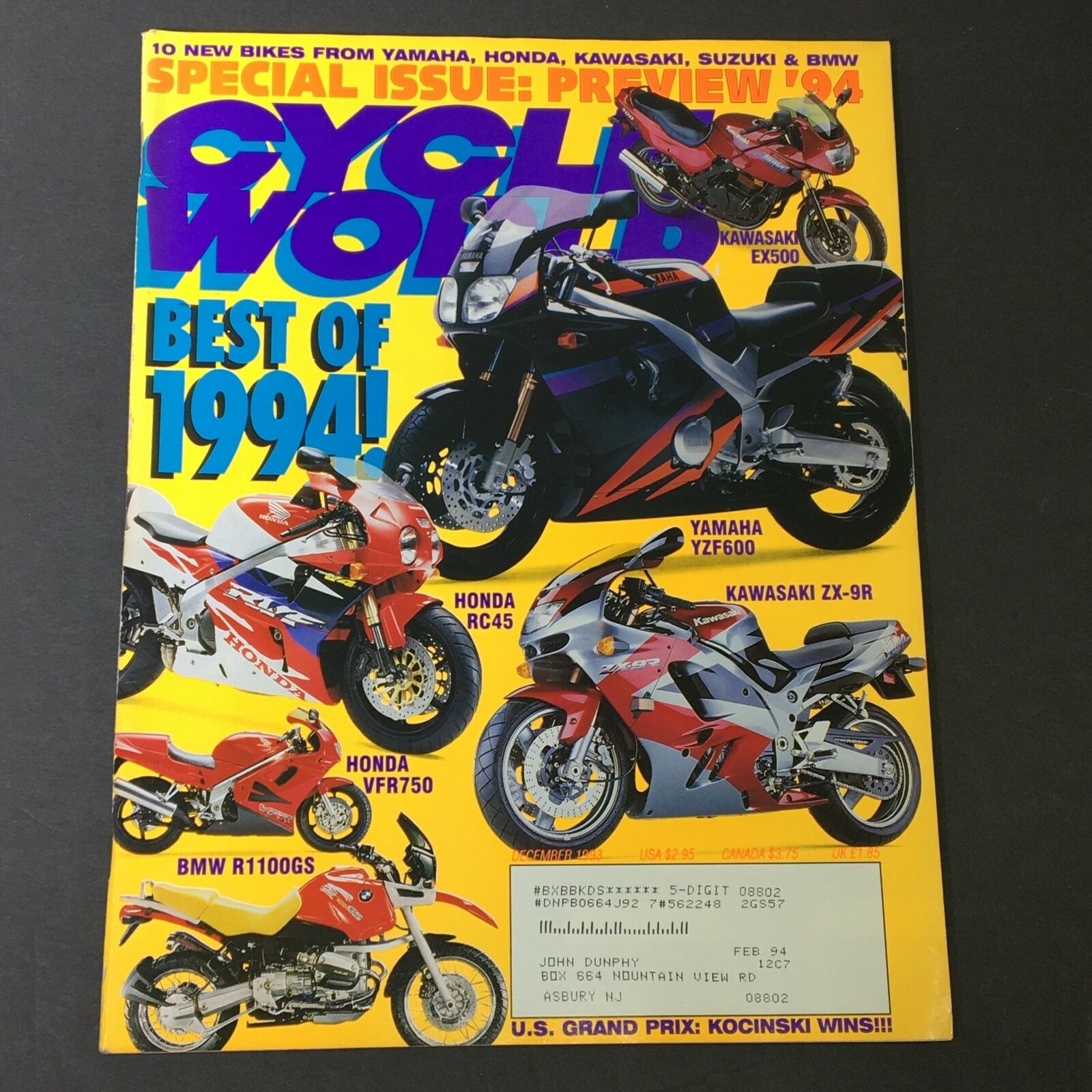 Cycle World Magazine December 1993 - Yamaha YZF600 / Honda RC45 / Kawasaki ZX-9R