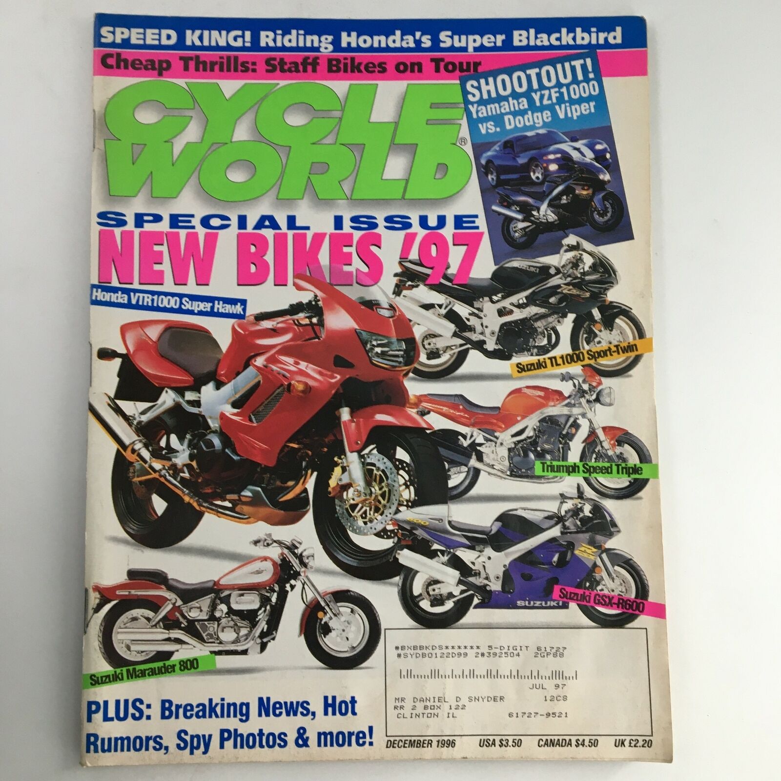 Cycle World Magazine December 1996 Honda VTR1000 Super Hawk & Suzuki TL1000 S-T